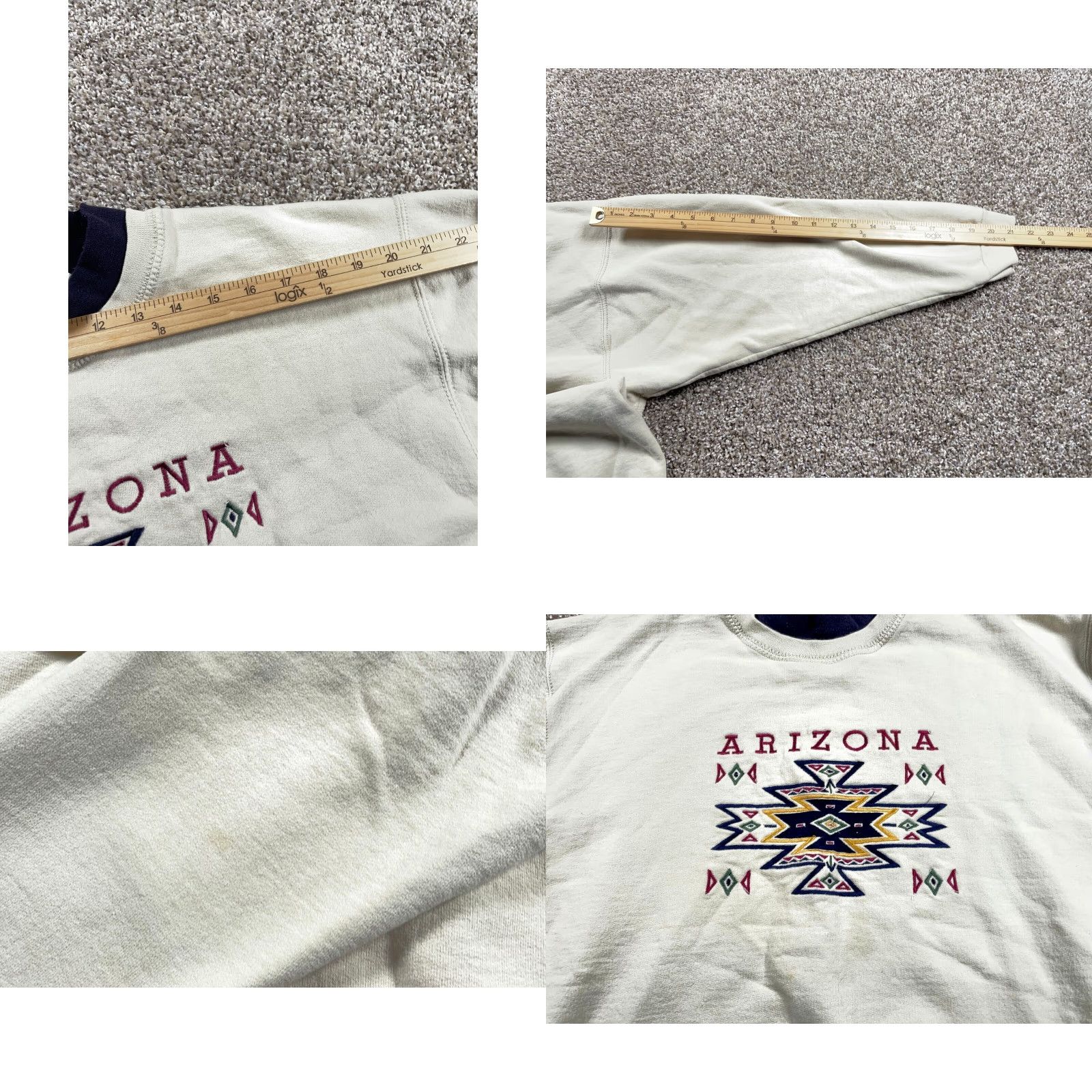 Fruit Of The Loom VINTAGE Fruit of the Loom Sweatshirt Arizona Embroidered Mock Neck Adult Large Beige 90s Southwestern City Tribal Retro Mens Size US L / EU 52-54 / 3 - 8 Thumbnail