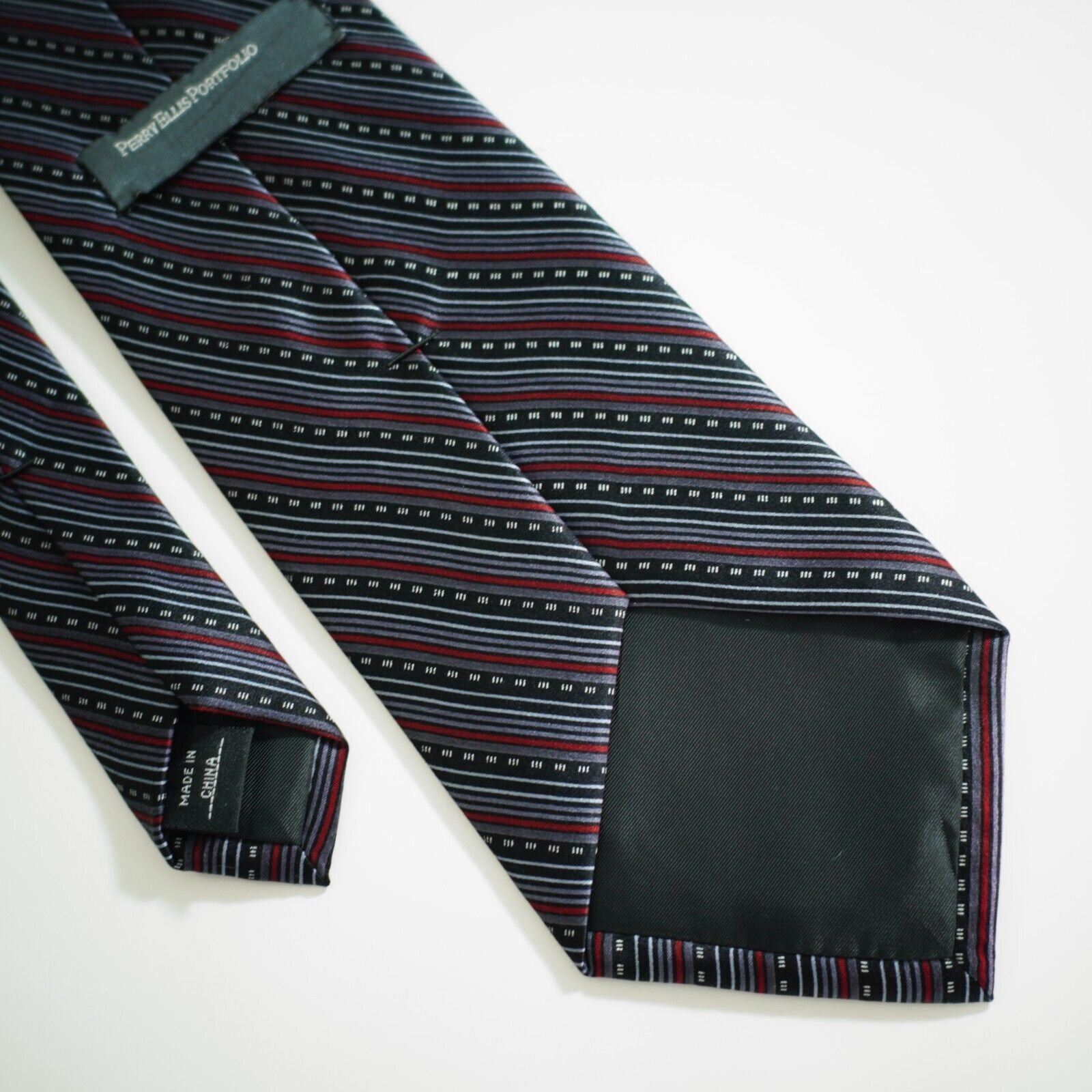 Perry Ellis Perry Ellis Portfolio Black Silver Red Striped Print Silk Ti Size ONE SIZE - 6 Thumbnail