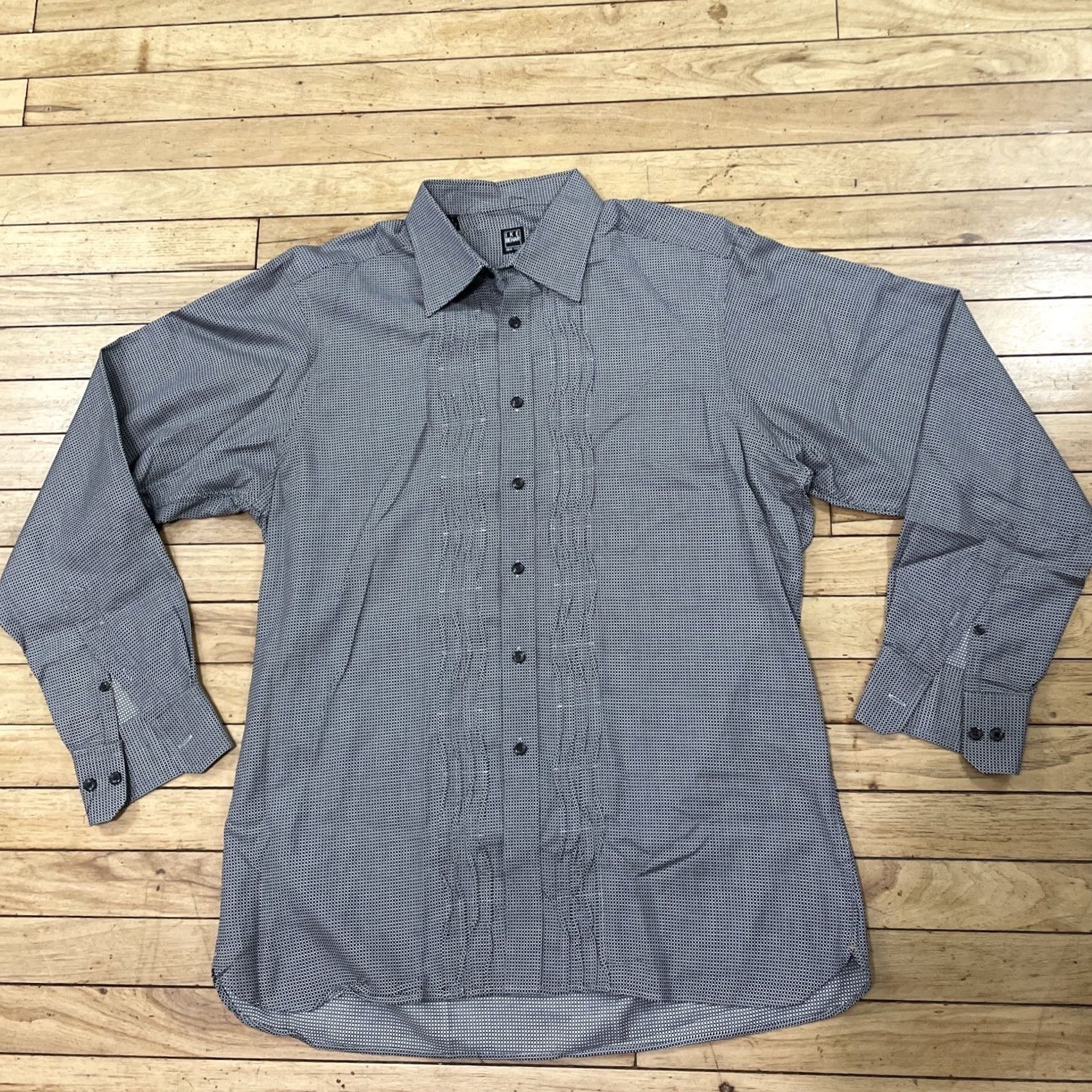Ike Behar IKE BEHAR New York Pleated Dress Shirt Men M Guayabero Gray Black Check Plaid M Size 40R - 2 Thumbnail