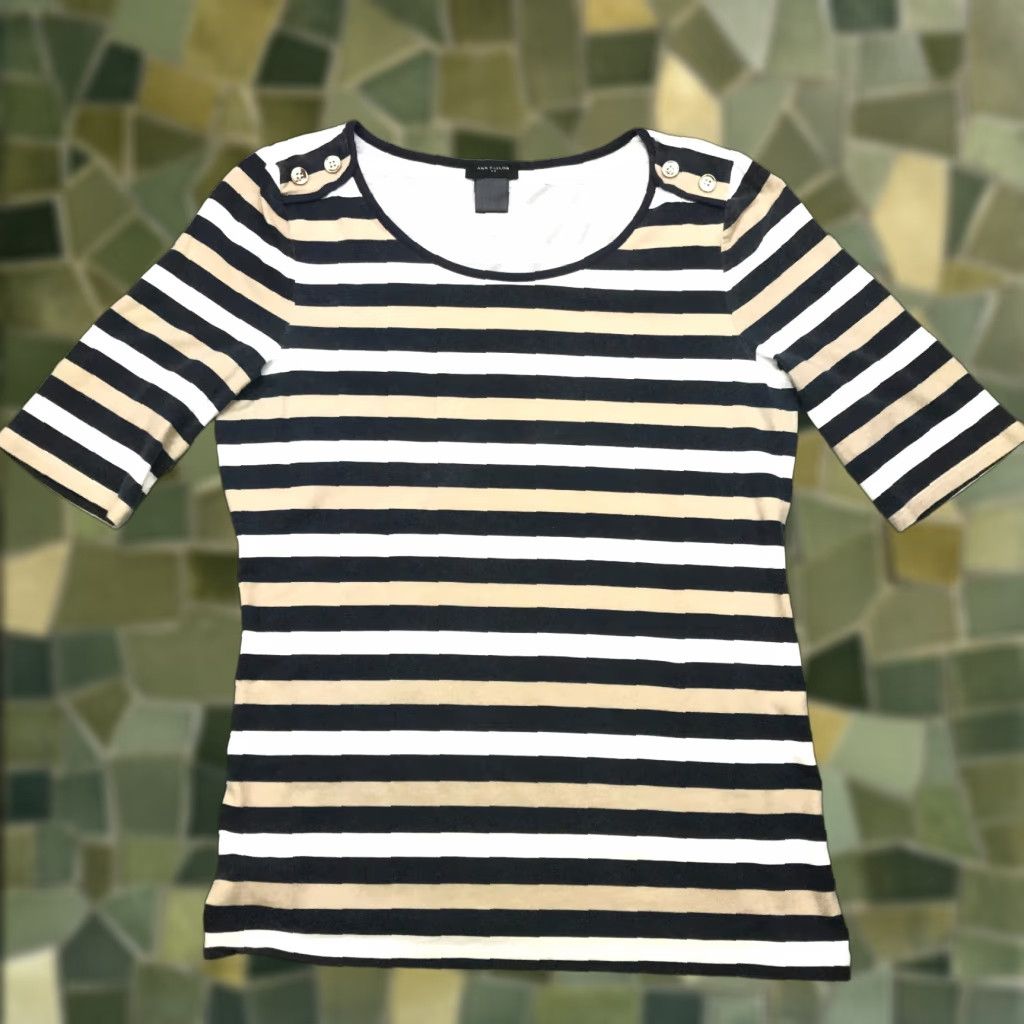 Ann Taylor Ann Taylor Shirt Blouse Womens XS Gray Tan Striped Short Sleeve Round Neck Casual Size XS / US 0-2 / IT 36-38 - 1 Thumbnail