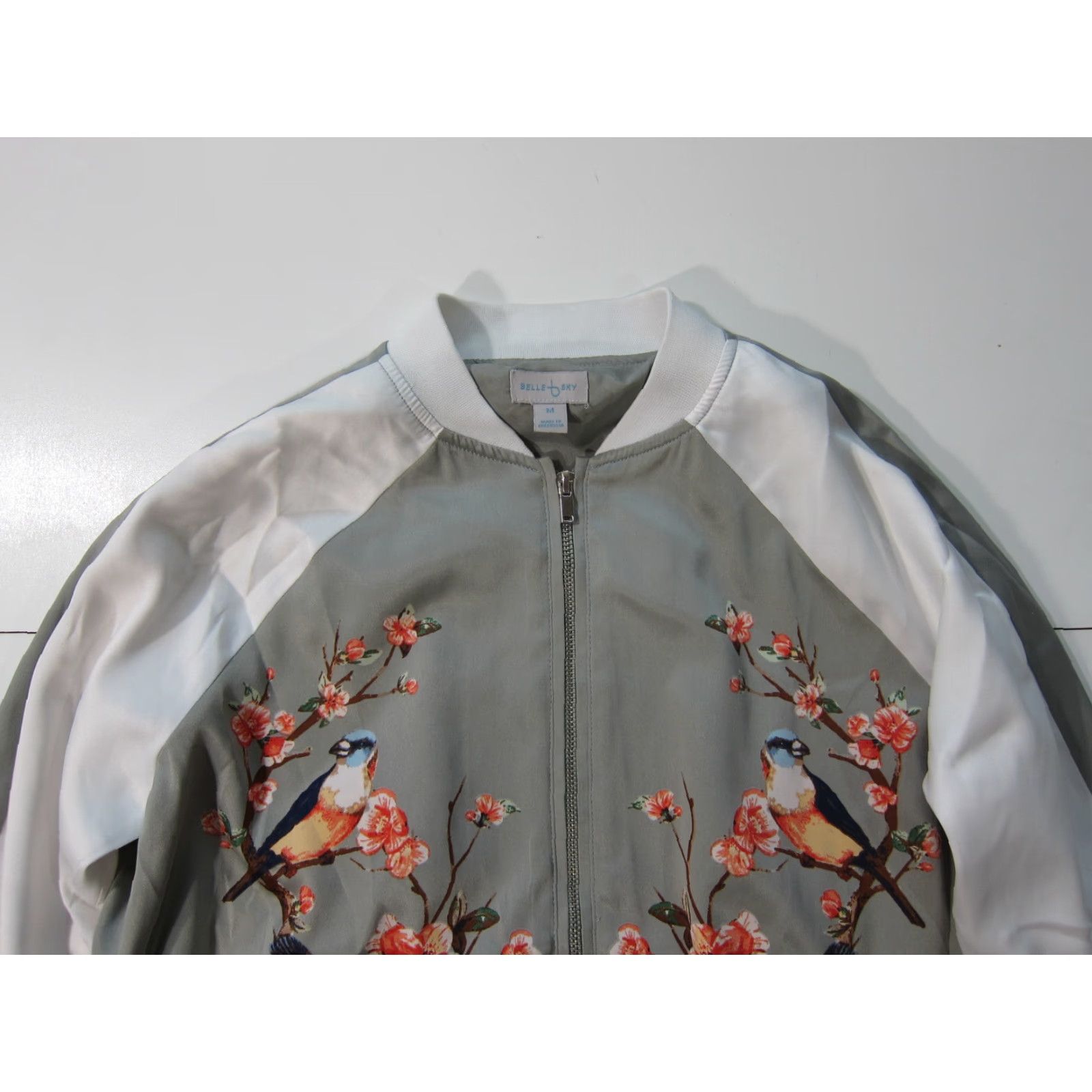 Vintage Belle Sky Jacket Women M Floral Bird Zip Satin Grey White Pink Windbreaker Track Coat Size M / US 6-8 / IT 42-44 - 4 Thumbnail