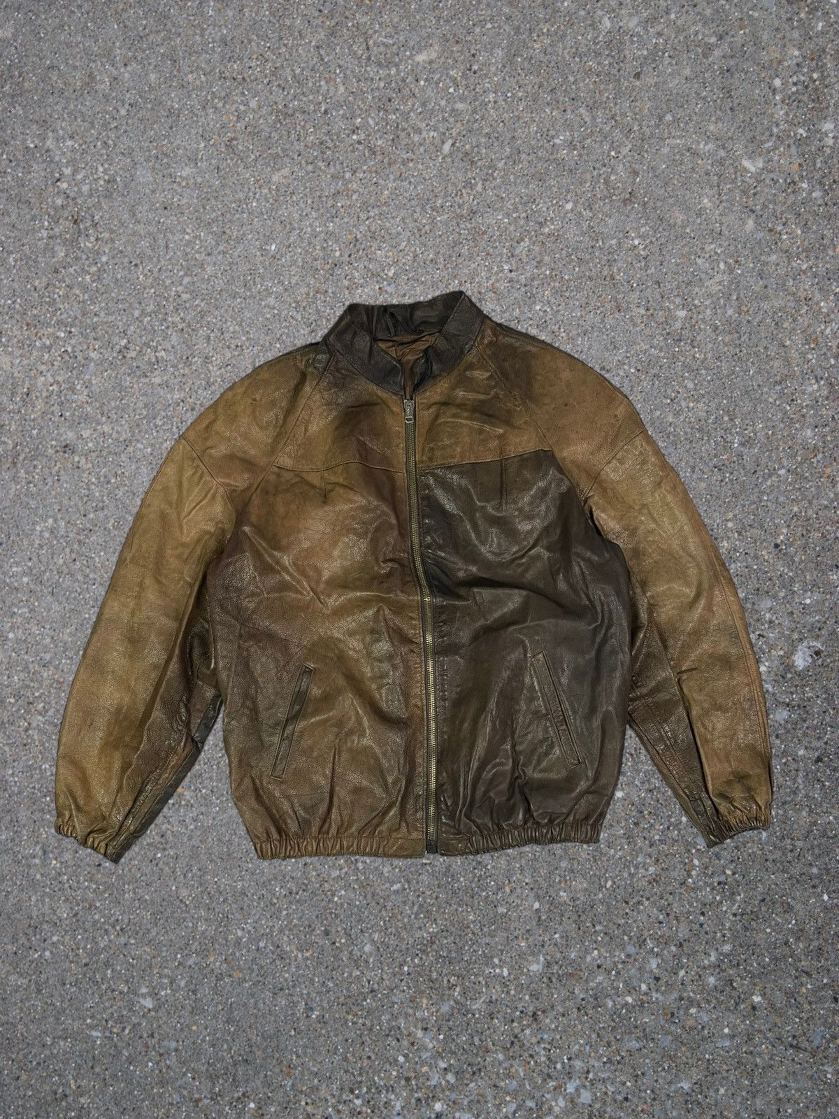image of Leather Jacket x Vintage 90's Distressed Light Leather Bomber Jacket in Brown, Men's (Size Medium)