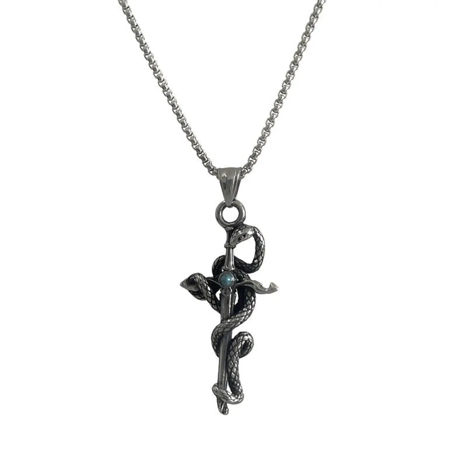 Jewelry Silver Snake & Cross - Blue Gemstone Pendant Necklace Size ONE SIZE - 7 Thumbnail