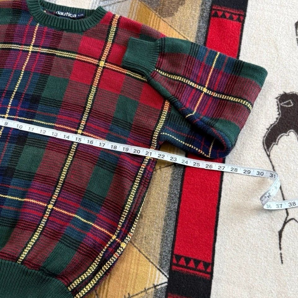 VINTAGE Nautica Pullover Shirt Men 90s Plaid Colorful Knit Knitwear Long Sleeve Medium Seasonal Fall Spring Winter Mens