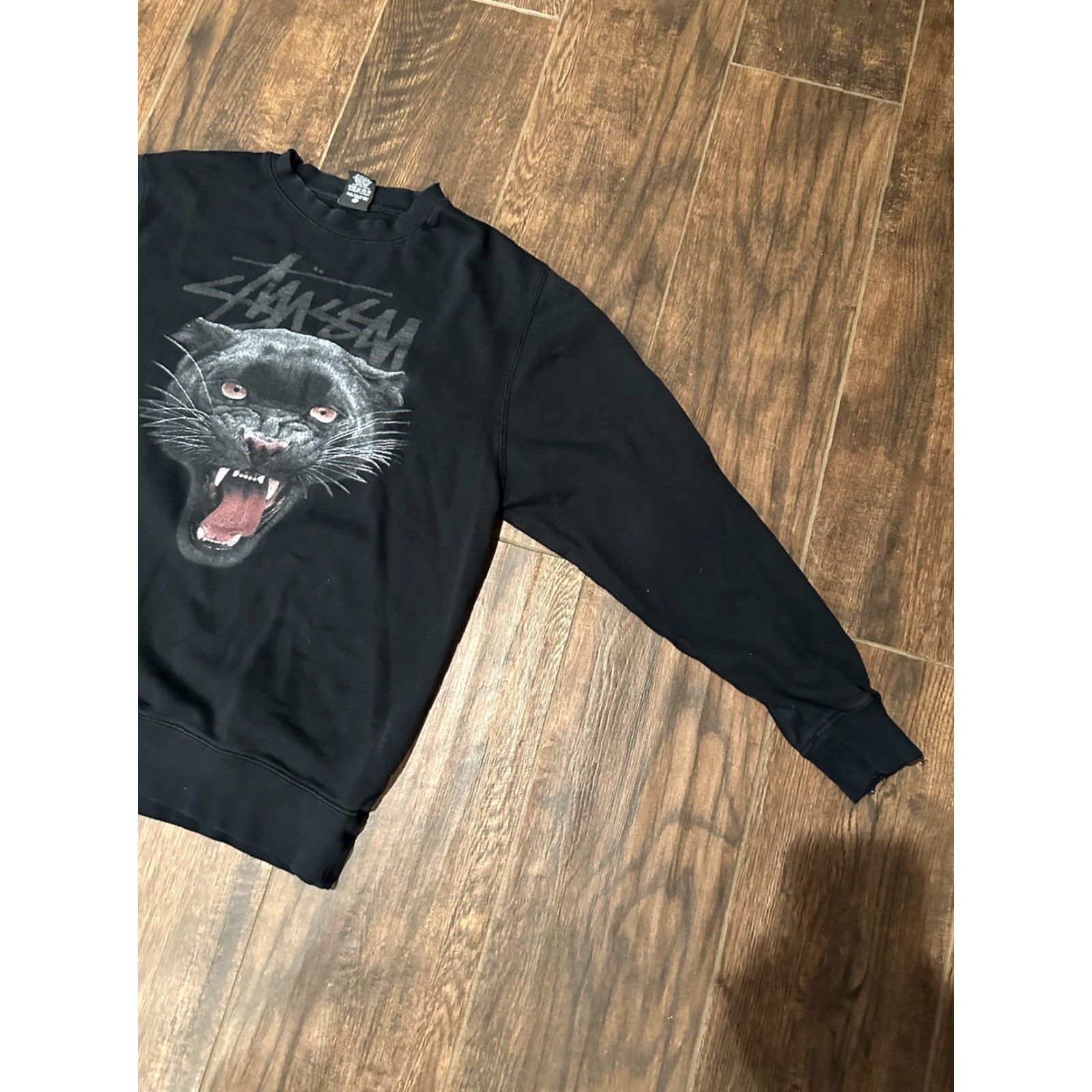 Vintage Stussy VTG Black Panther Graphic Spellout Crewneck Sweatshirt M Black USA Mens Distressed Size US 31 - 2 Thumbnail