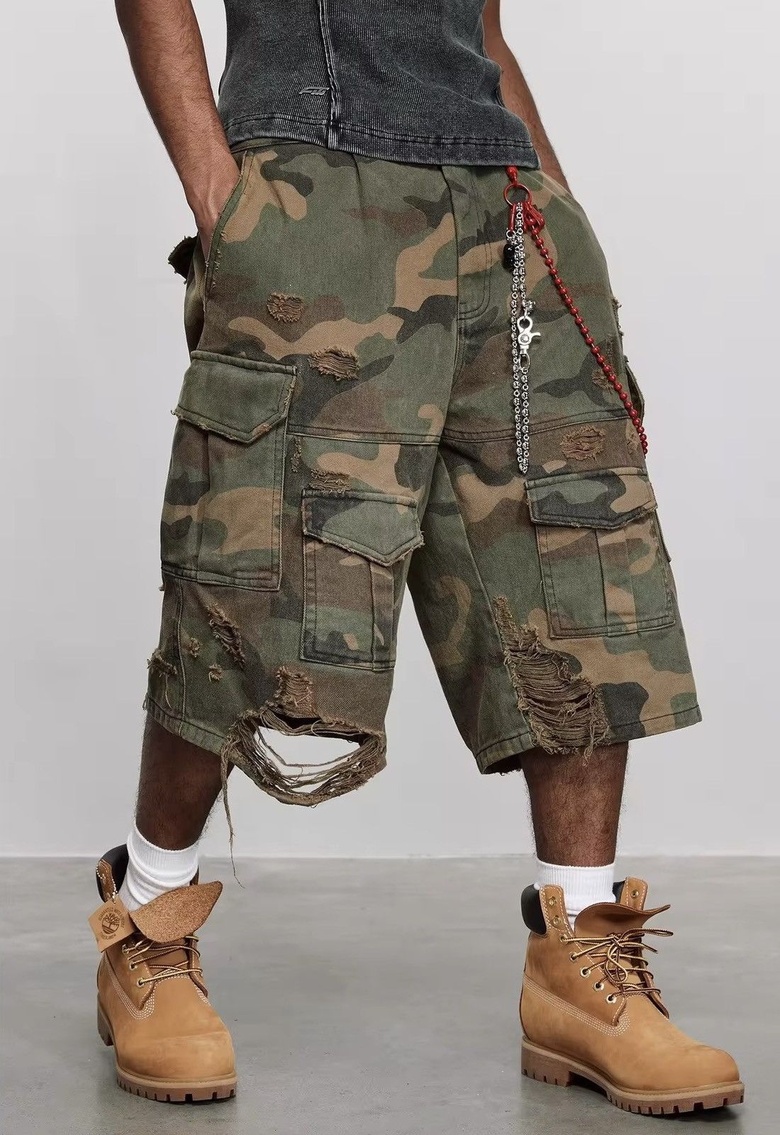 Washed Cropped Ripped Camouflage Shorts