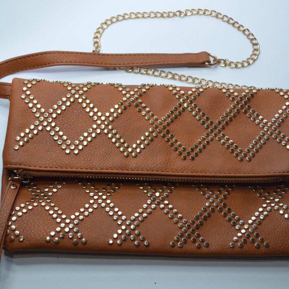 Designer Brown Studded Foldover Clutch with Gold Chain Strap Size ONE SIZE - 6 Thumbnail