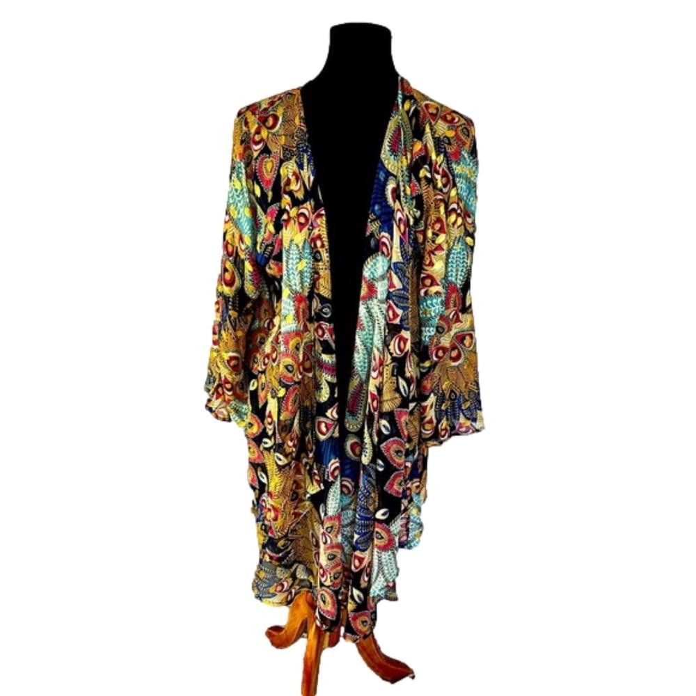 Designer Vibrant Bohemian Kimono Cover-Up - Peacock Boho Size XL / US 12-14 / IT 48-50 - 1 Thumbnail