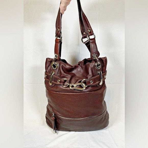 B. MAKOWSKY Brown Leather Slouch store Tote Handbag with Leopard Print Lining