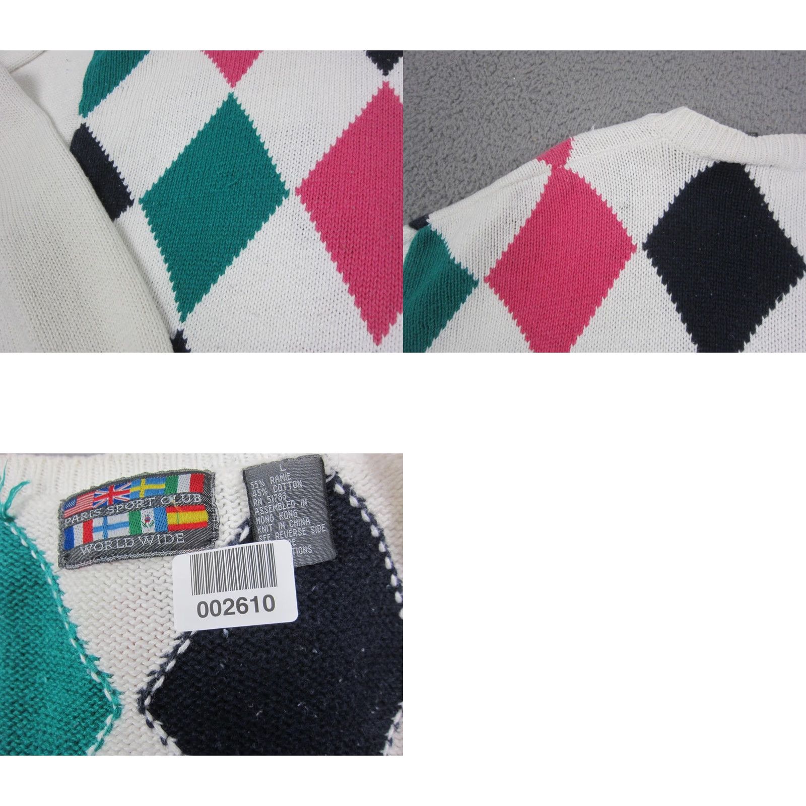 Vintage VINTAGE Paris Sport Club Sweater Womens L White Pink Argyle V-Neck 80s 90s Size L / US 10 / IT 46 - 9 Thumbnail