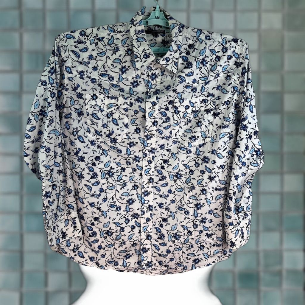 Roper Roper Shirt Men's Pearl-Snap Floral Woven Cotton Button-Up XL White/Blue Floral Western Shirt Mens XL Blue White - Regular Fit Size US XL / EU 56 / 4 - 1 Thumbnail