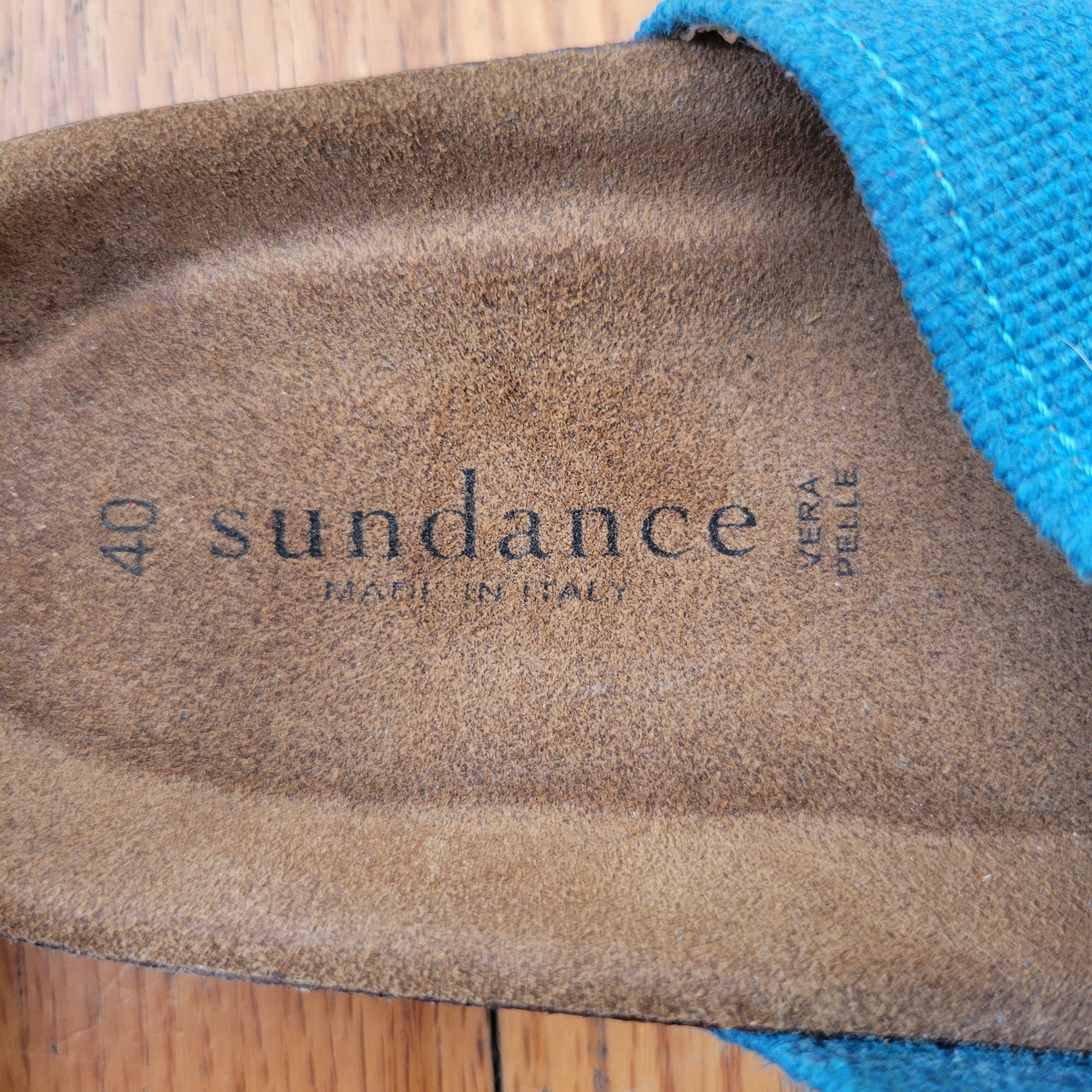 Vintage Sundance 9 9.5 Blue Leather Canvas Sandals Cork Insole 40 Op Size US 10 / IT 40 - 3 Thumbnail