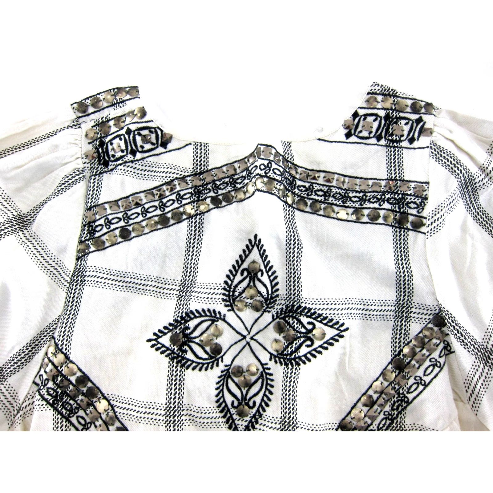 Vintage Muche Muchette Ivory Black Rayon Gold Beaded Long Sleeve Peasant Blouse O/S Size ONE SIZE - 4 Thumbnail