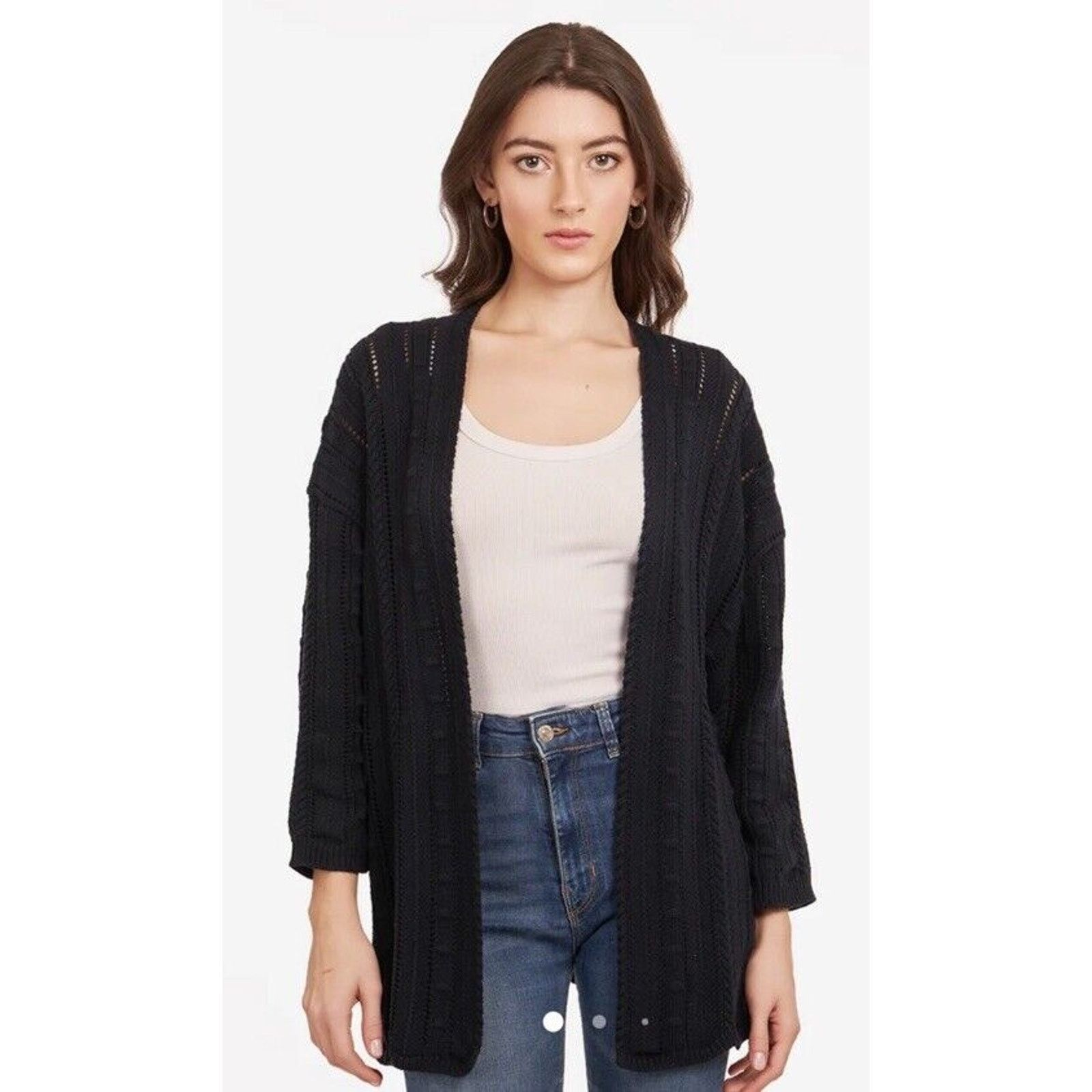 Autumn Cashmere Cotton by Autumn Cashmere Open Pointelle Duster Black L NEW Size L / US 10 / IT 46 - 11 Thumbnail