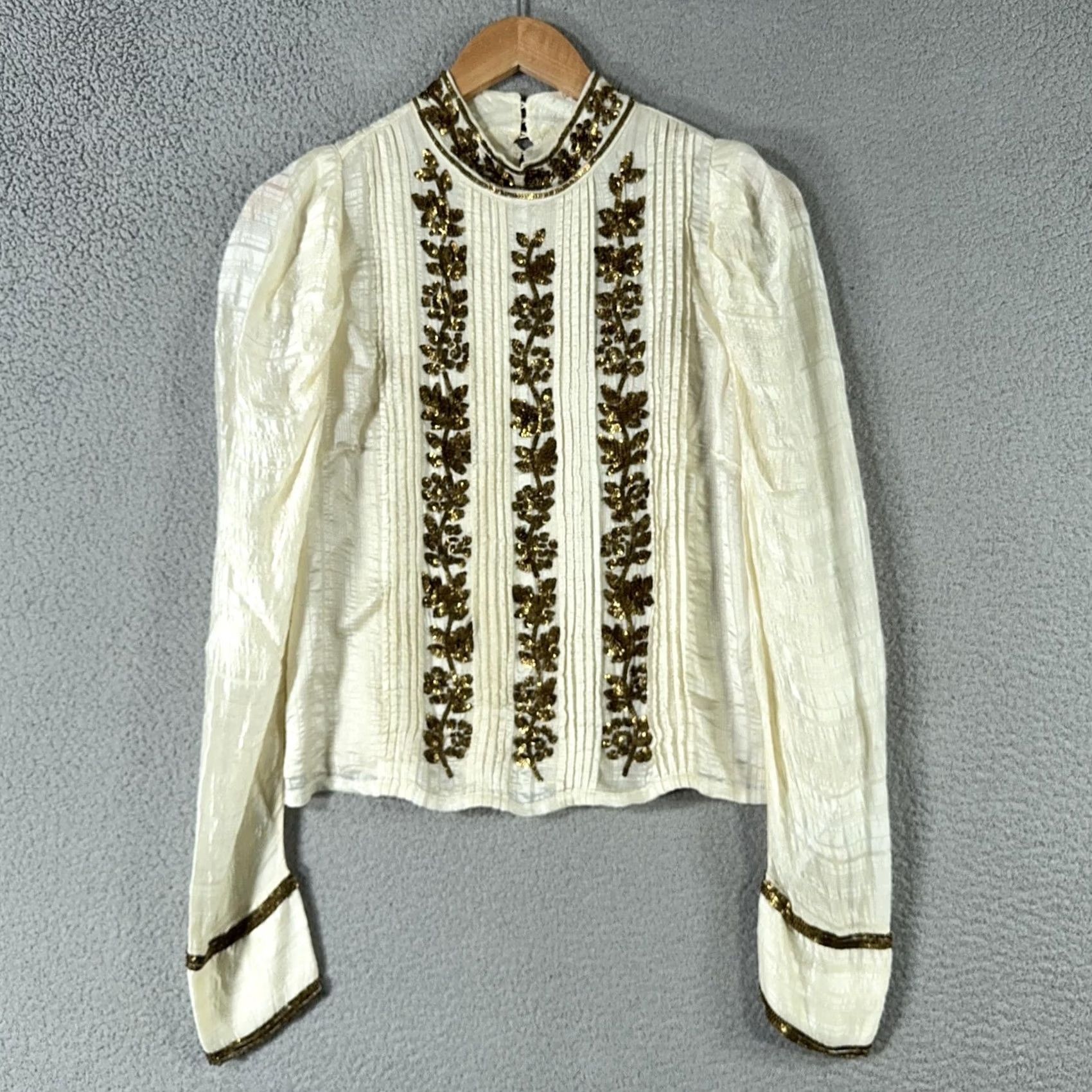 Ulla Johnson Ulla Johnson Blouse Womens Small Silk Viscose Cotton Embroidered Sequin Floral Puff Sleeve High Neck Ivory Vintage Bohemian Top Size S / US 4 / IT 40 - 2 Thumbnail