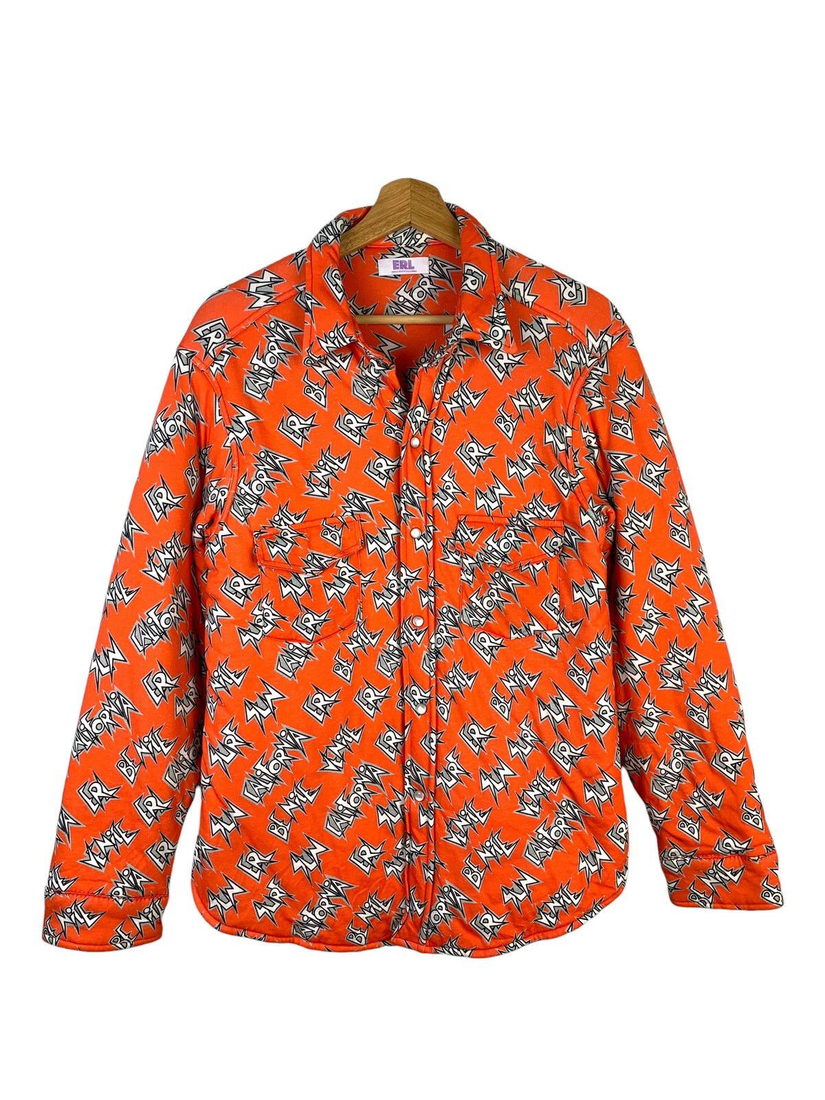 image of Erl “Be Nice” Fullprint Button Up in Orange, Men's (Size Large)
