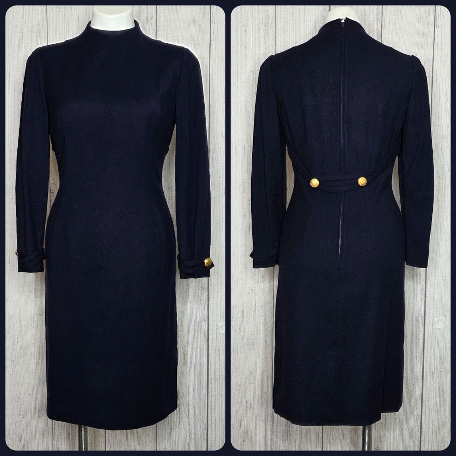 VTG 1960s Anne Fogarty Navy Wool Dress Gold Crest Buttons