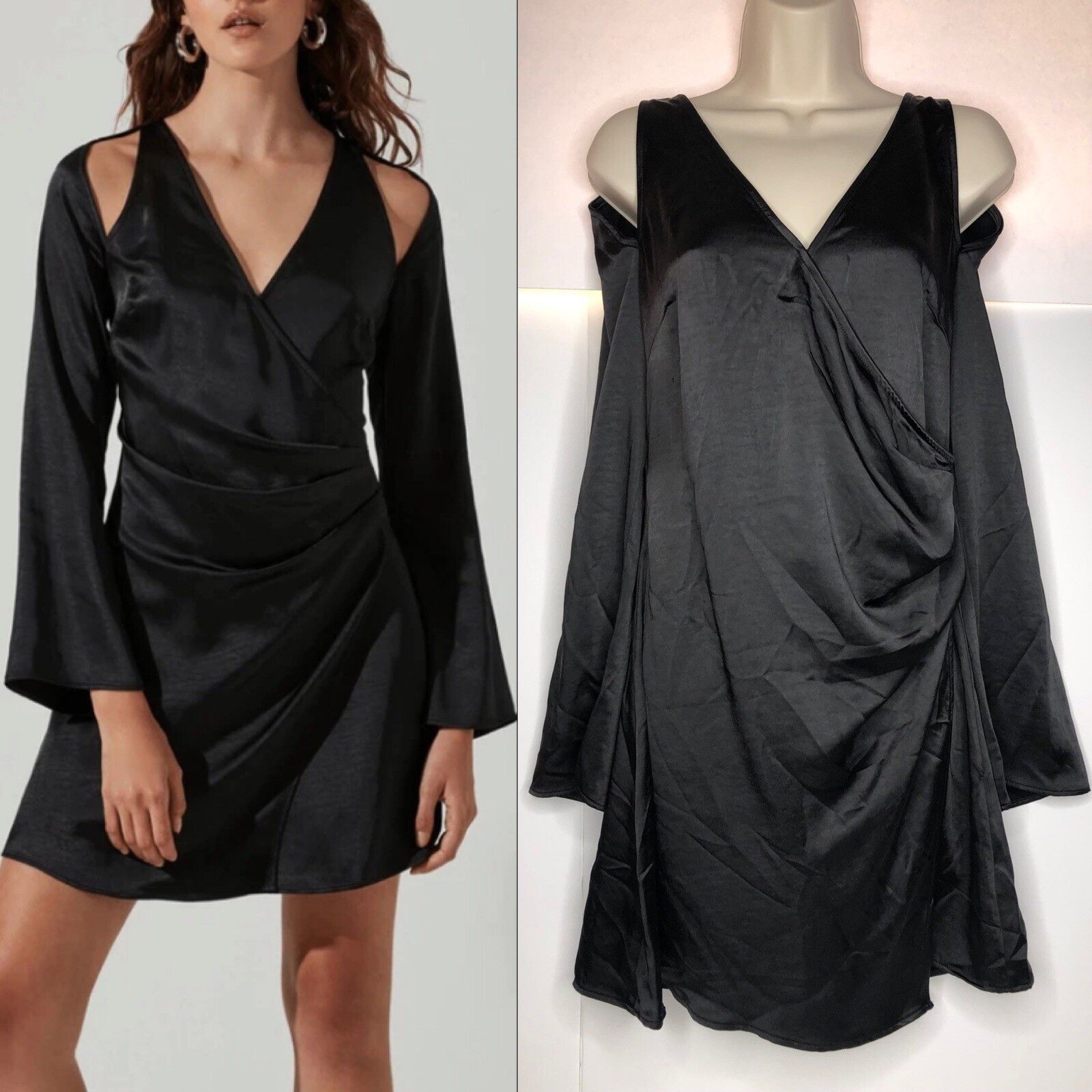 ASTR The Label ASTR Cutout Shoulder Black Satin Mini Dress Side Waist Size M / US 6-8 / IT 42-44 - 1 Thumbnail