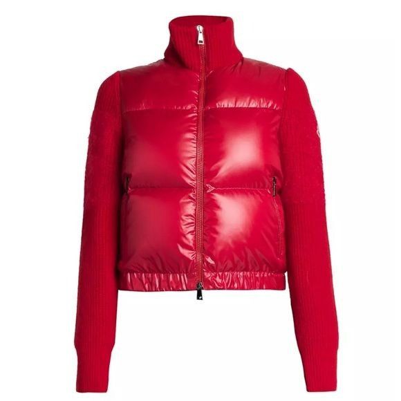 image of Moncler Knit-Sleeve Puffer Jacket in Red, Women's (Size Small)