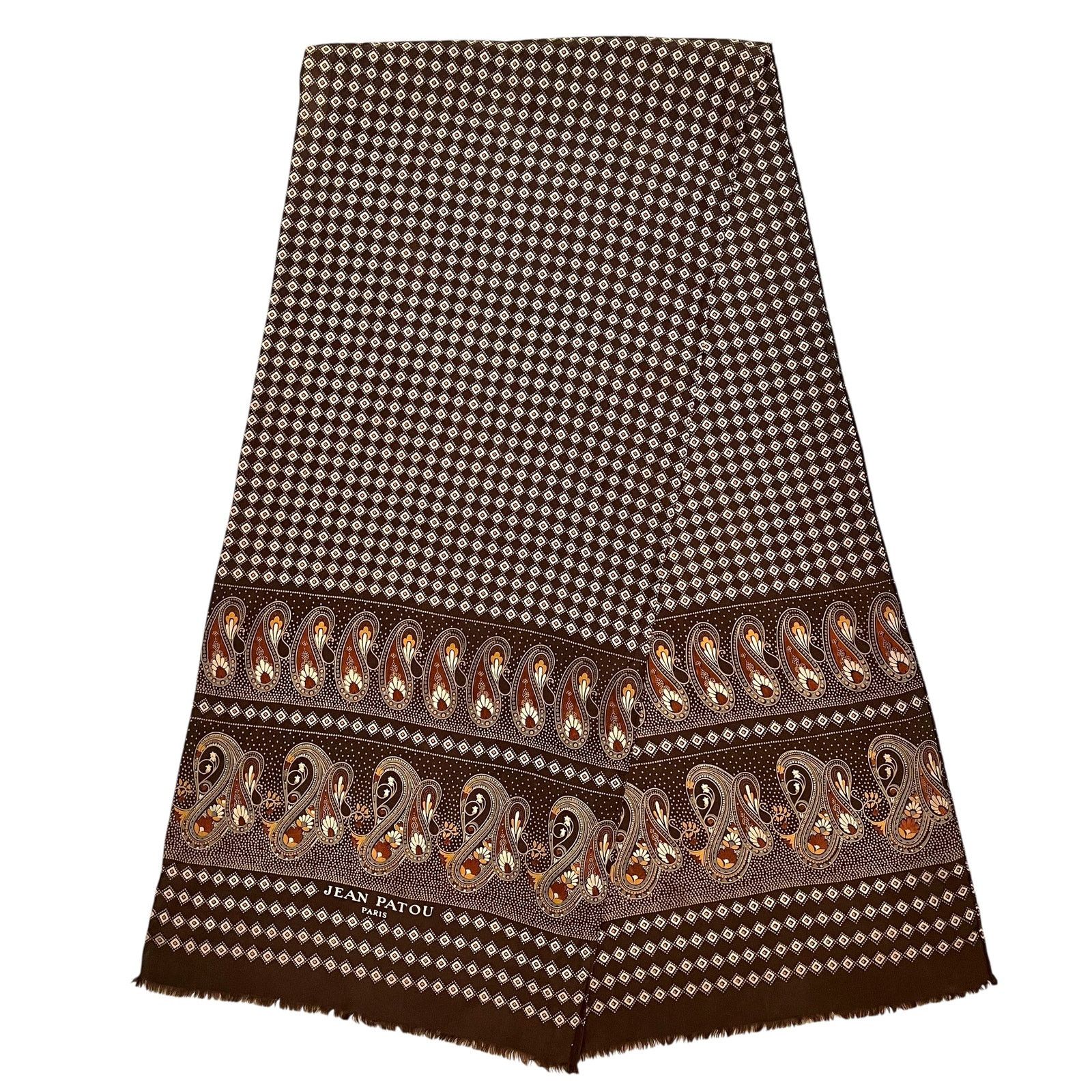Patou × Vintage Jean Patou Vintage Earth-Tone Paisley Fringe Silk Scarf Size ONE SIZE - 1 Thumbnail
