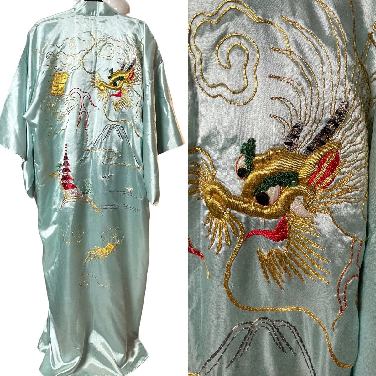 image of Vintage 1950S Korean Embroidered Gold Dragon Kimono Robe in Blue, Women's