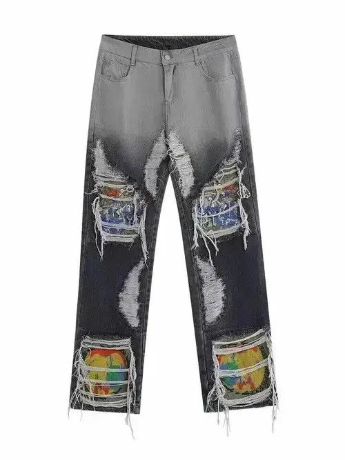 Jean Embroidered Loose Straight Leg Ripped Jeans Size US 35 - 2 Thumbnail