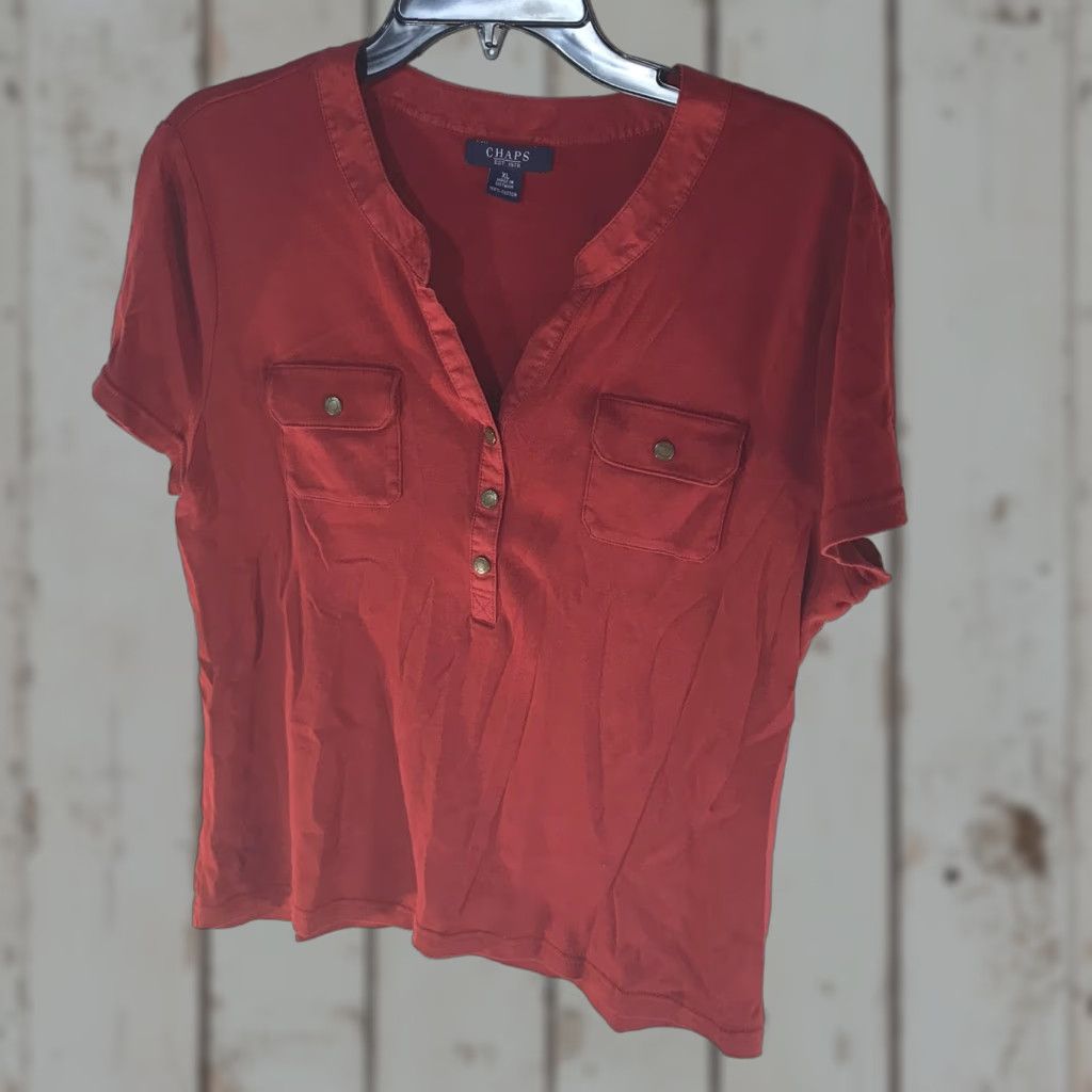 Chaps Vintage Chaps Women's V-Neck Knit Top XL Rust Short Sleeve Casual Blouse with Pockets Size XL / US 12-14 / IT 48-50 - 1 Thumbnail