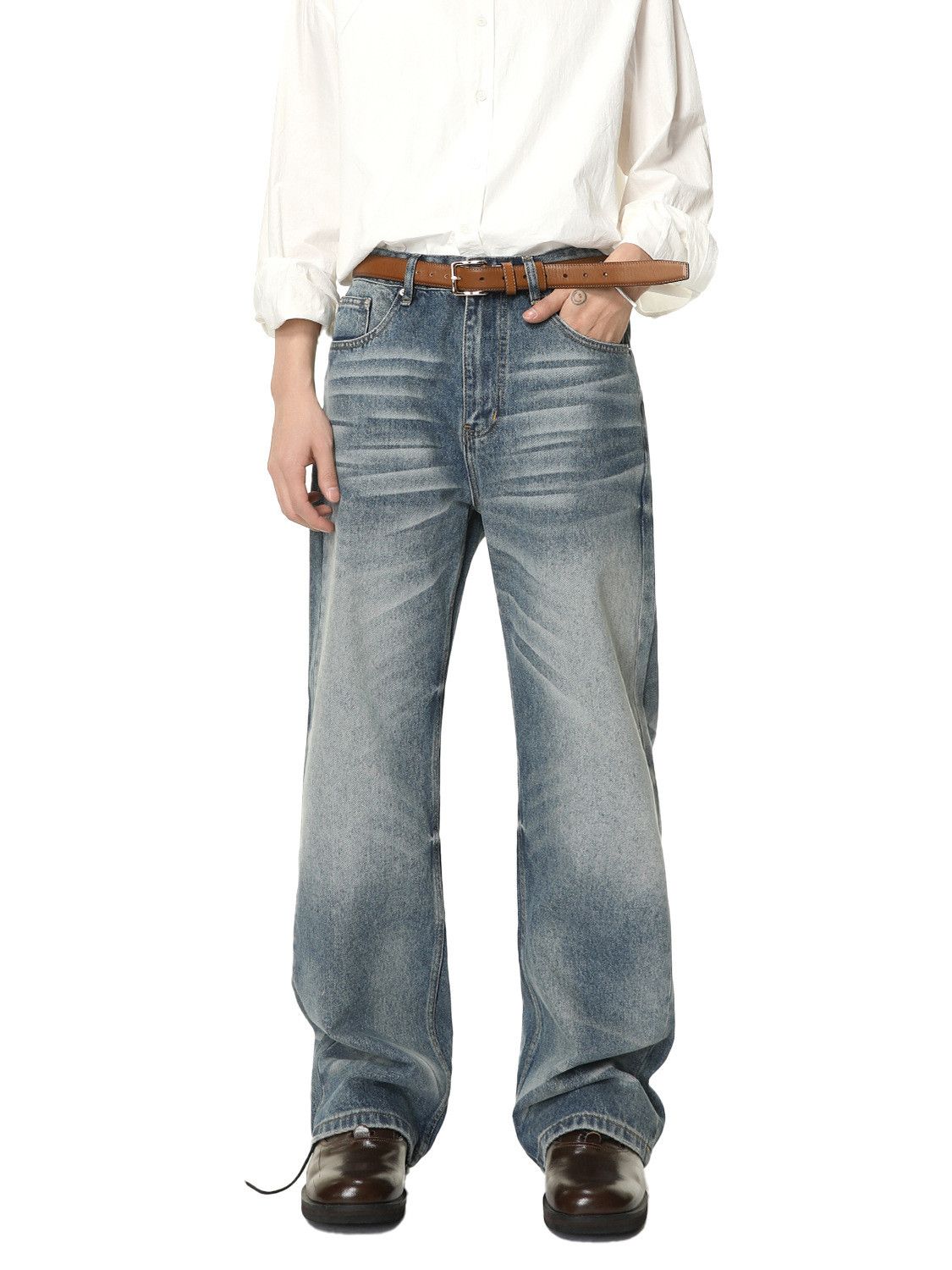 Japanese Brand Men's street washed retro distressed wide-leg straight jeans Size US 32 / EU 48 - 1 Thumbnail