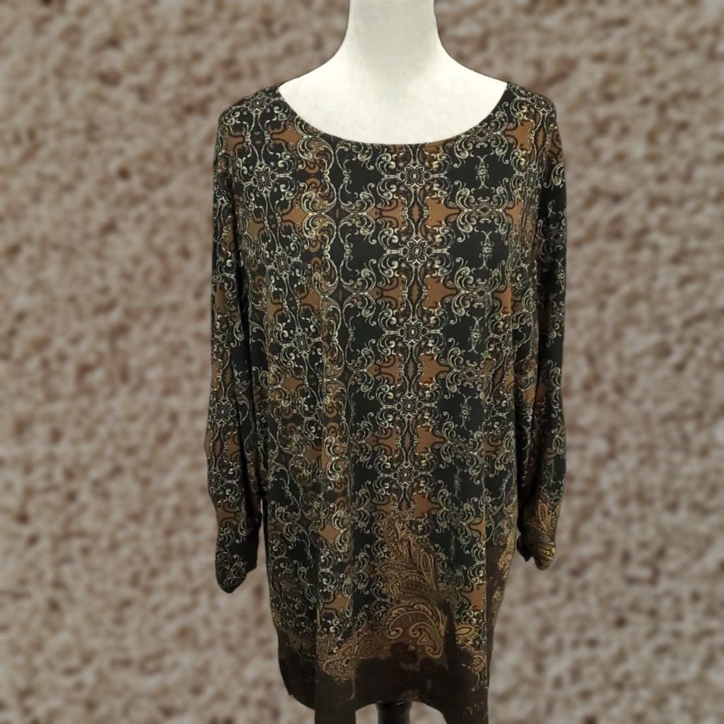 Vintage Susan Graver Blouse 3X Women's Black Brown Geometric Ruched Long Sleeve Boat Neck Top Size XXL / US 16-18 / IT 52-54 - 1 Thumbnail