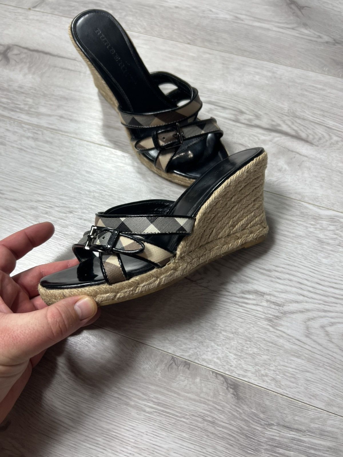 Burberry Women’s Nova Check Leather Wedge Espadrille Sandals