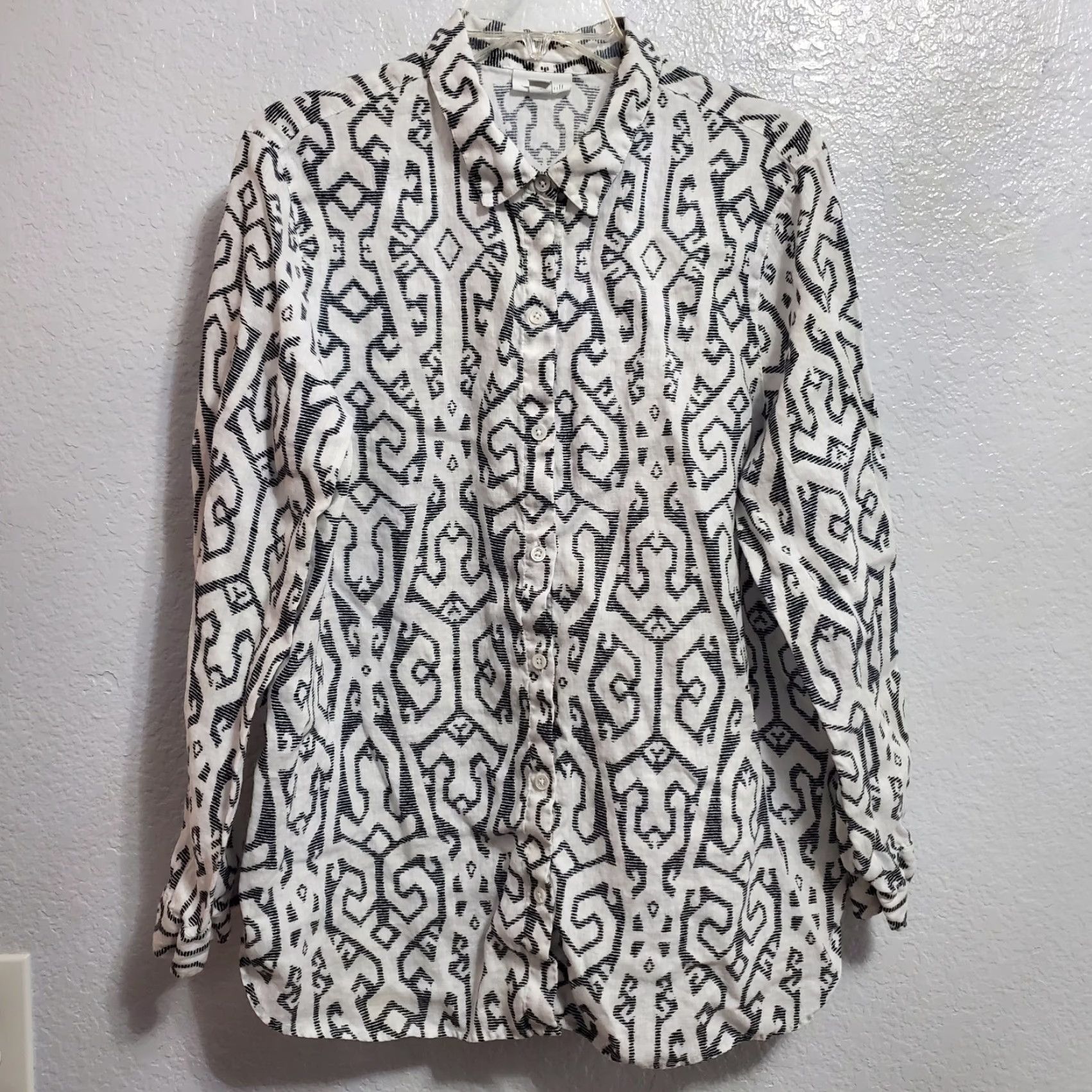 J. Jill VINTAGE J Jill Love Linen Top Women L White Black Geo Print Collared Button Down Relaxed Size L / US 10 / IT 46 - 2 Thumbnail