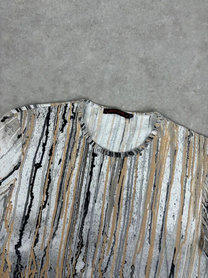 Roberto Cavalli 2000s Roberto Cavalli Beige Striped Abstract Painting T-Shirt Size US S / EU 44-46 / 1 - 4 Thumbnail
