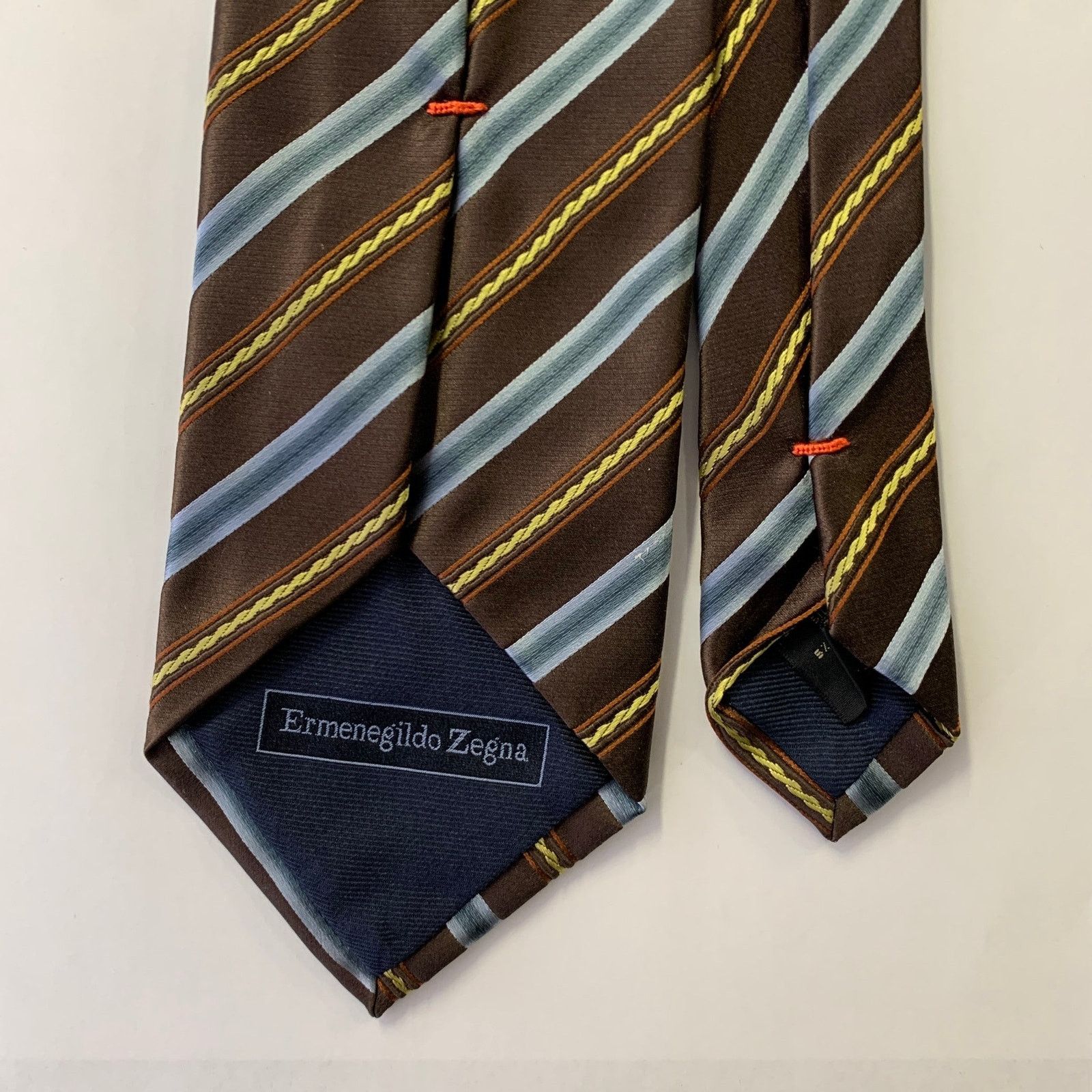 Ermenegildo Zegna ERMENEGILDO ZEGNA Brown Blue Stripe Silk Cotton Tie Size ONE SIZE - 2 Thumbnail
