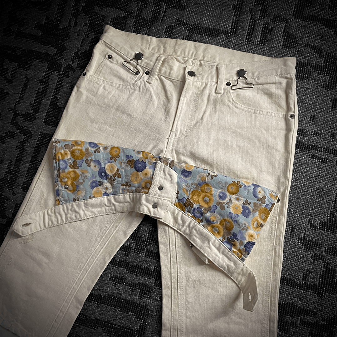 Japanese Brand PPFM Double Waist 3D Knee Blue Floral Jeans Size US 32 / EU 48 - 4 Thumbnail