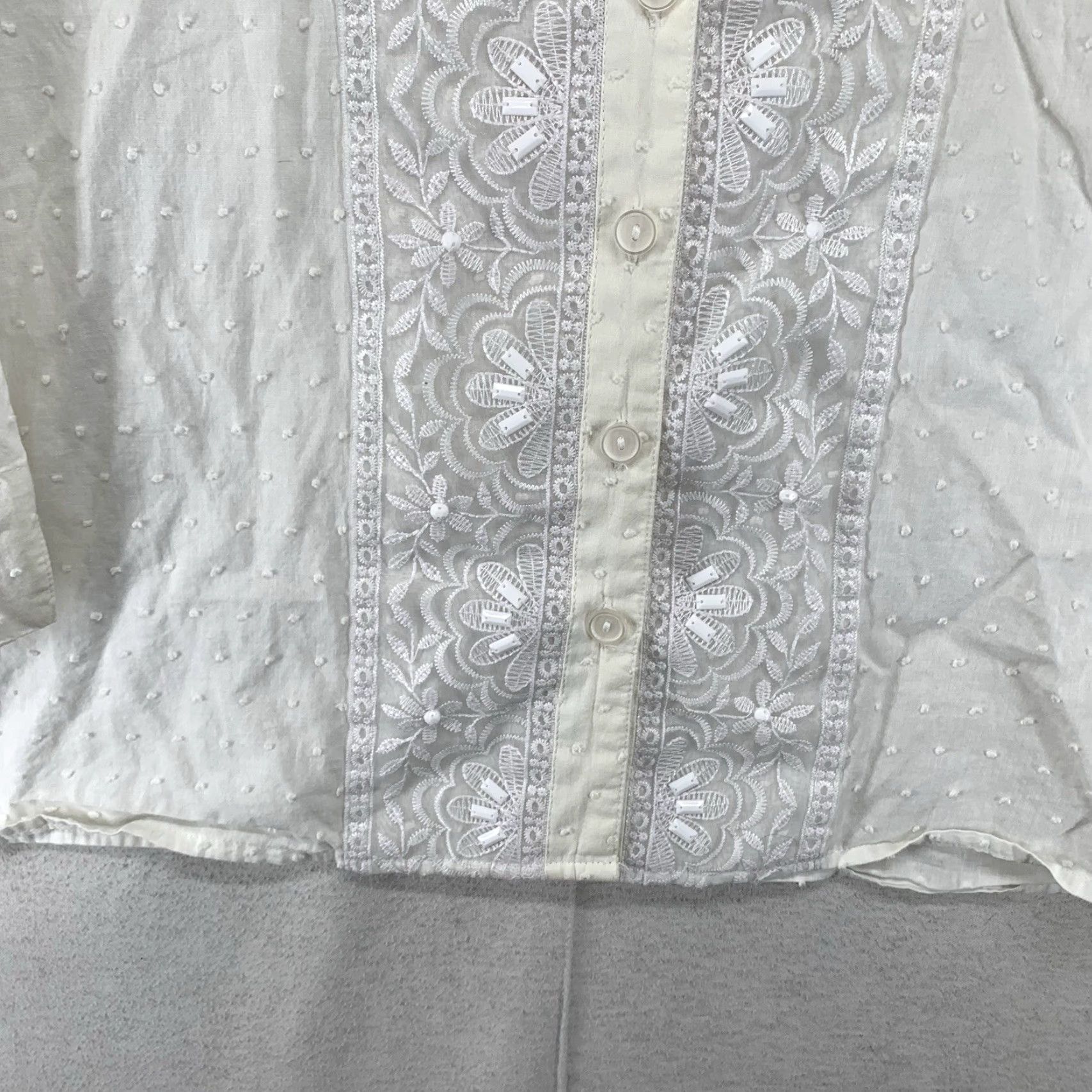 Eileen Fisher Eileen Fisher Women 10P White Textured Cotton V-Neck Sheer Bohemian Long Sleeve Button Top Size L / US 10 / IT 46 - 6 Thumbnail