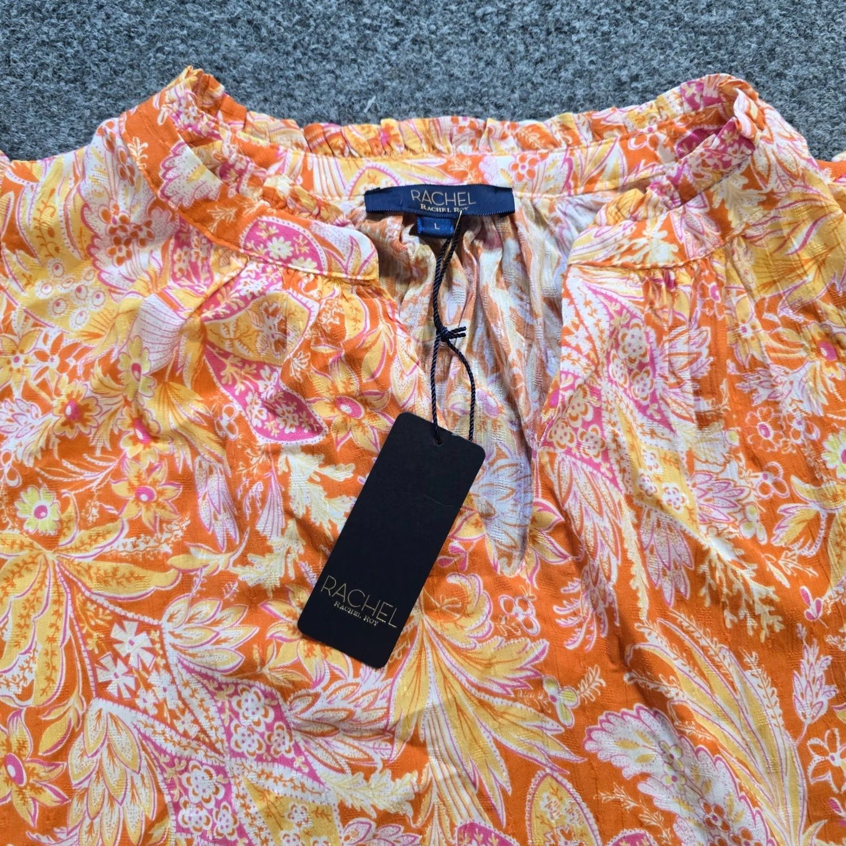 Rachel Zoe Rachel Zoe Top Womens L Orange Floral V Neck Flutter Sleeve Casual Shirt Blouse Regular Mill Rayon Summer Spring Womens Size L / US 10 / IT 46 - 2 Thumbnail
