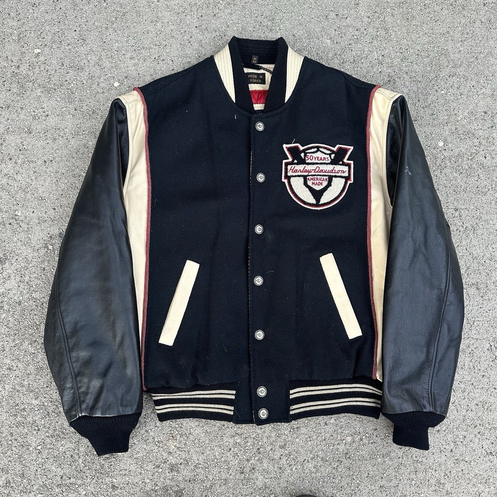 Harley Davidson × Vintage Vintage Harley Davidson Black Leather Wool Varsity Jacket Size US M / EU 48-50 / 2 - 1 Thumbnail