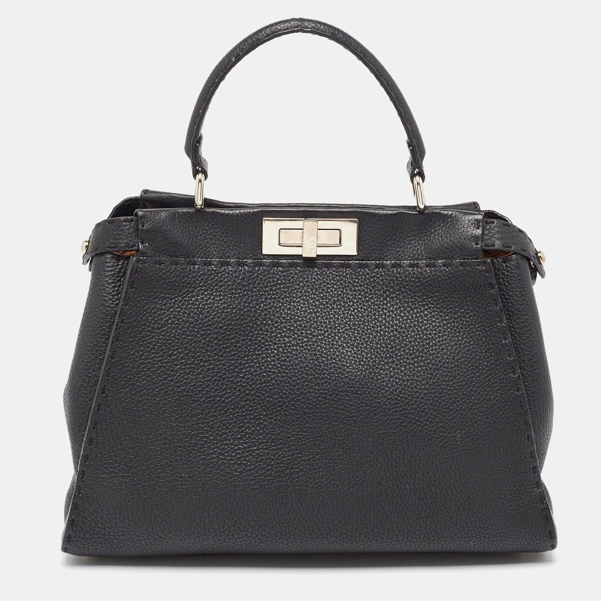 Fendi FENDI Black Selleria Leather Medium Iconic Peekaboo Top Handle ...