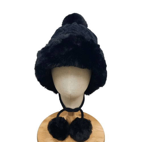 Japanese Brand ❄️ Black fut winter earflap beanie hat Size ONE SIZE - 1 Thumbnail