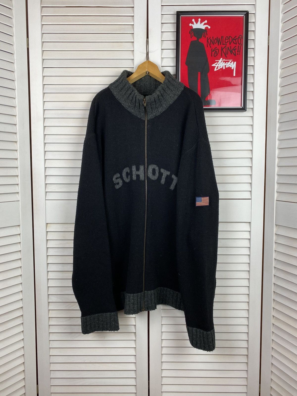 Schott Schott Zip Up Sweater Mens L Big Logo American Flag Y2K Wool Size US XL / EU 56 / 4 - 1 Thumbnail