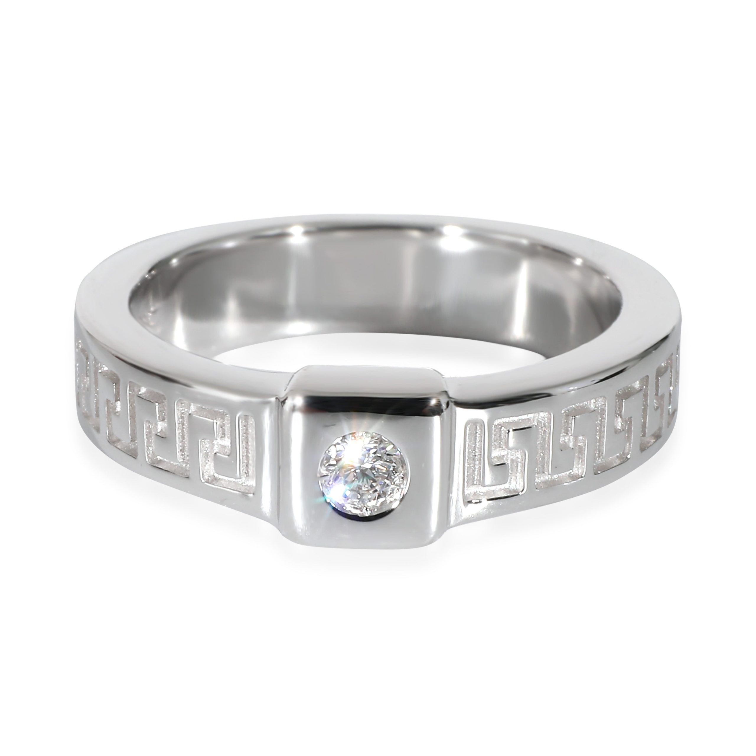 image of Versace Greek Key Design Diamond Ring In 18K White Gold, 0.07 Ctw, Women's