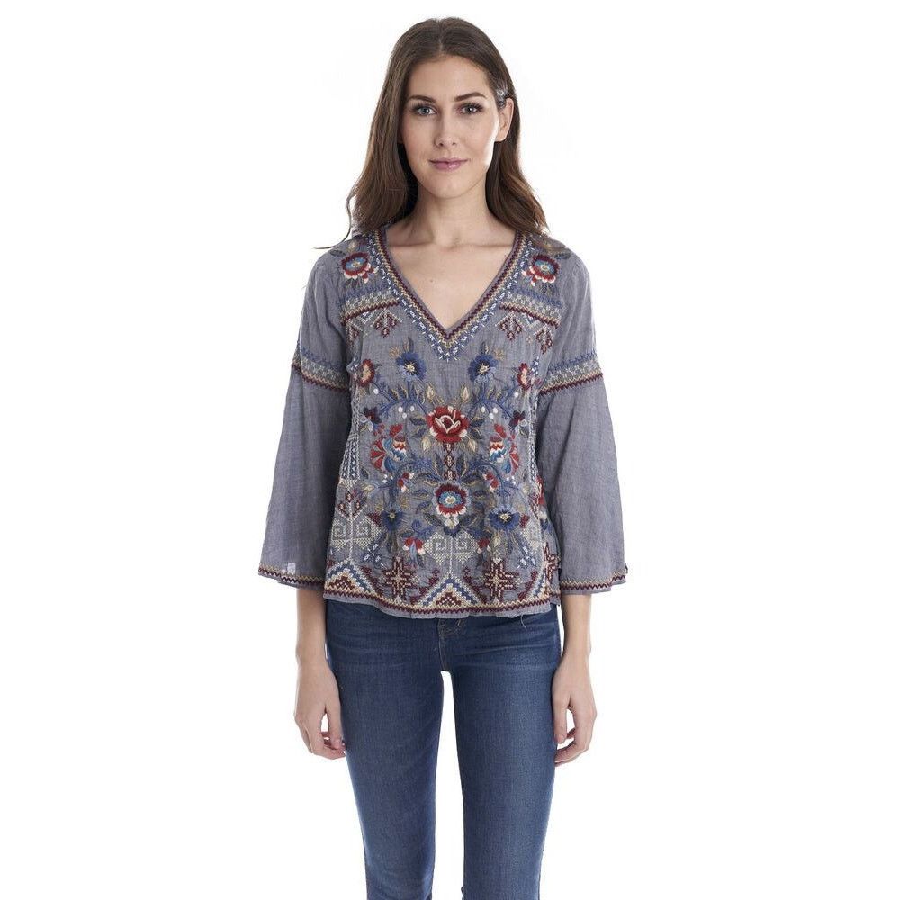 Johnny Was JOHNNY WAS Bohdi Swing Blouse Chambray Embroidered Size XS / US 0-2 / IT 36-38 - 1 Thumbnail