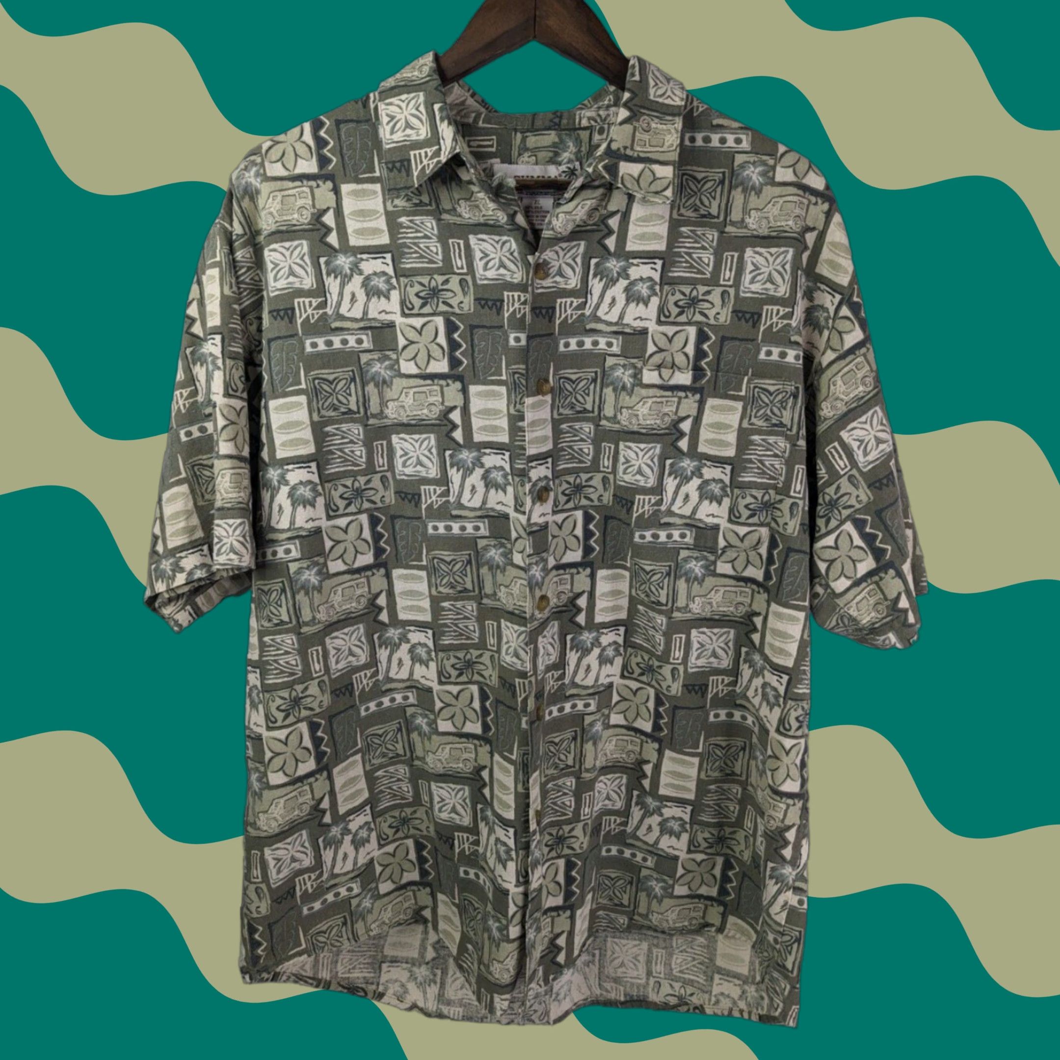 Vintage Summa Hawaiian Shirt Men’s XL Button-Up Silk Green Geometric Floral Palm Trees" Size US XL / EU 56 / 4 - 1 Thumbnail