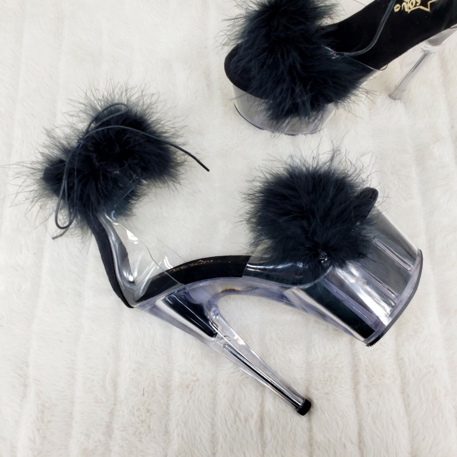 Other Adore 724 Black Marabou Platform Shoes Sandals 7" High Heel Size US 6 / IT 36 - 3 Thumbnail