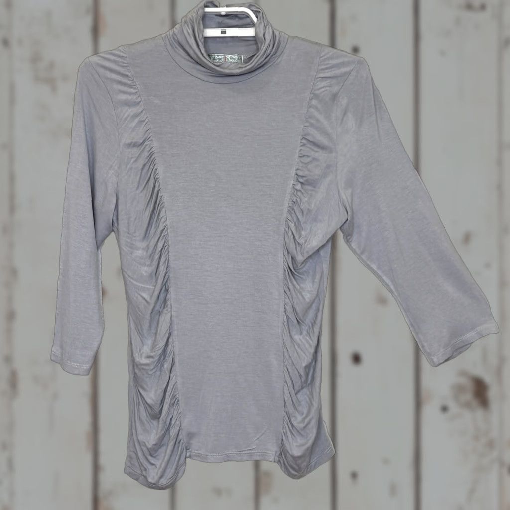 Vintage VINTAGE Suzie Ruched Top Womens L Light Gray Turtleneck 3/4 Sleeve Rayon Spandex Stretch Blouse Size L / US 10 / IT 46 - 1 Thumbnail