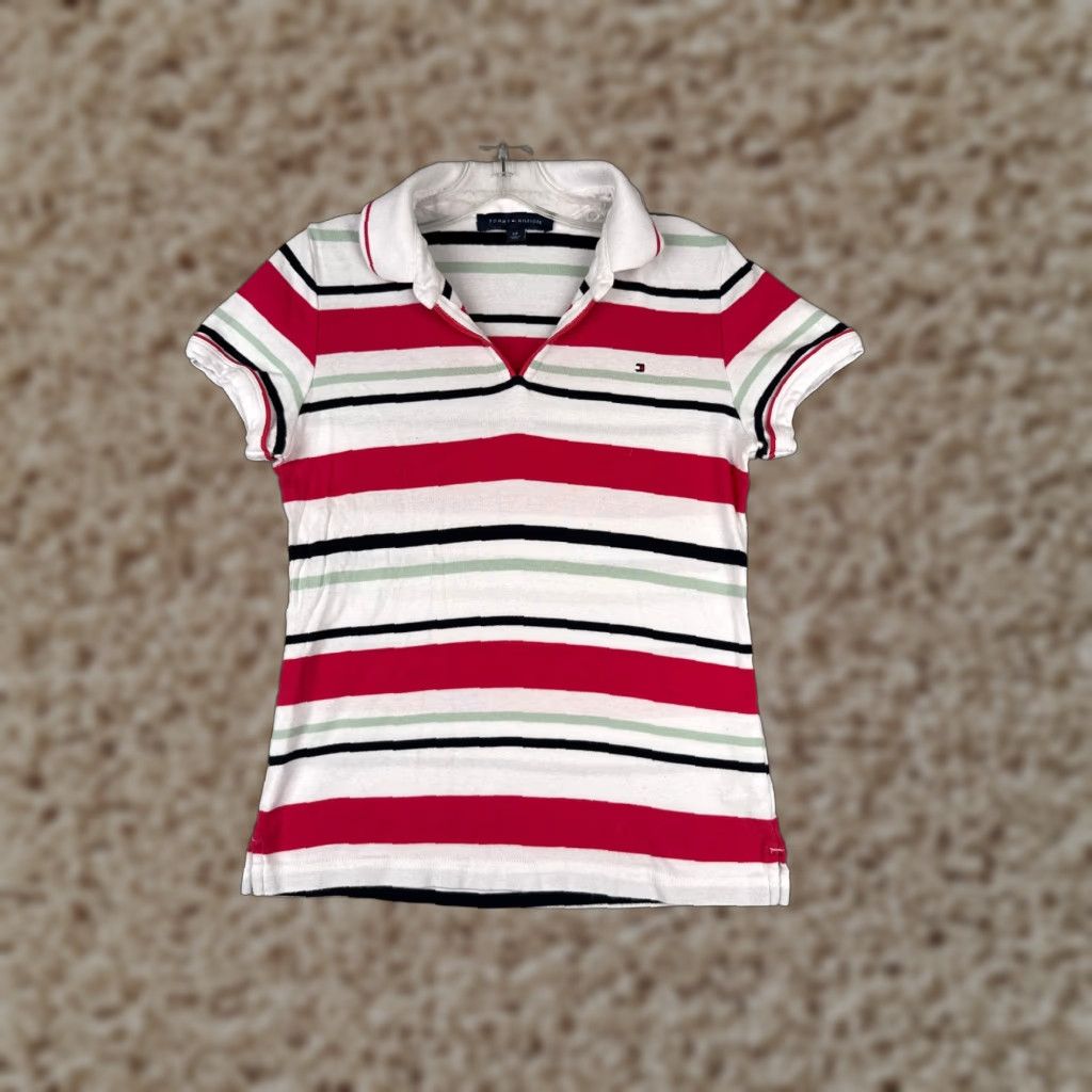 Tommy Hilfiger Tommy Hilfiger Polo Shirt Adult Small Pink Stripe Cotton Jersey Slim Fit 80s 90s American Modern Womens Size S / US 4 / IT 40 - 1 Thumbnail
