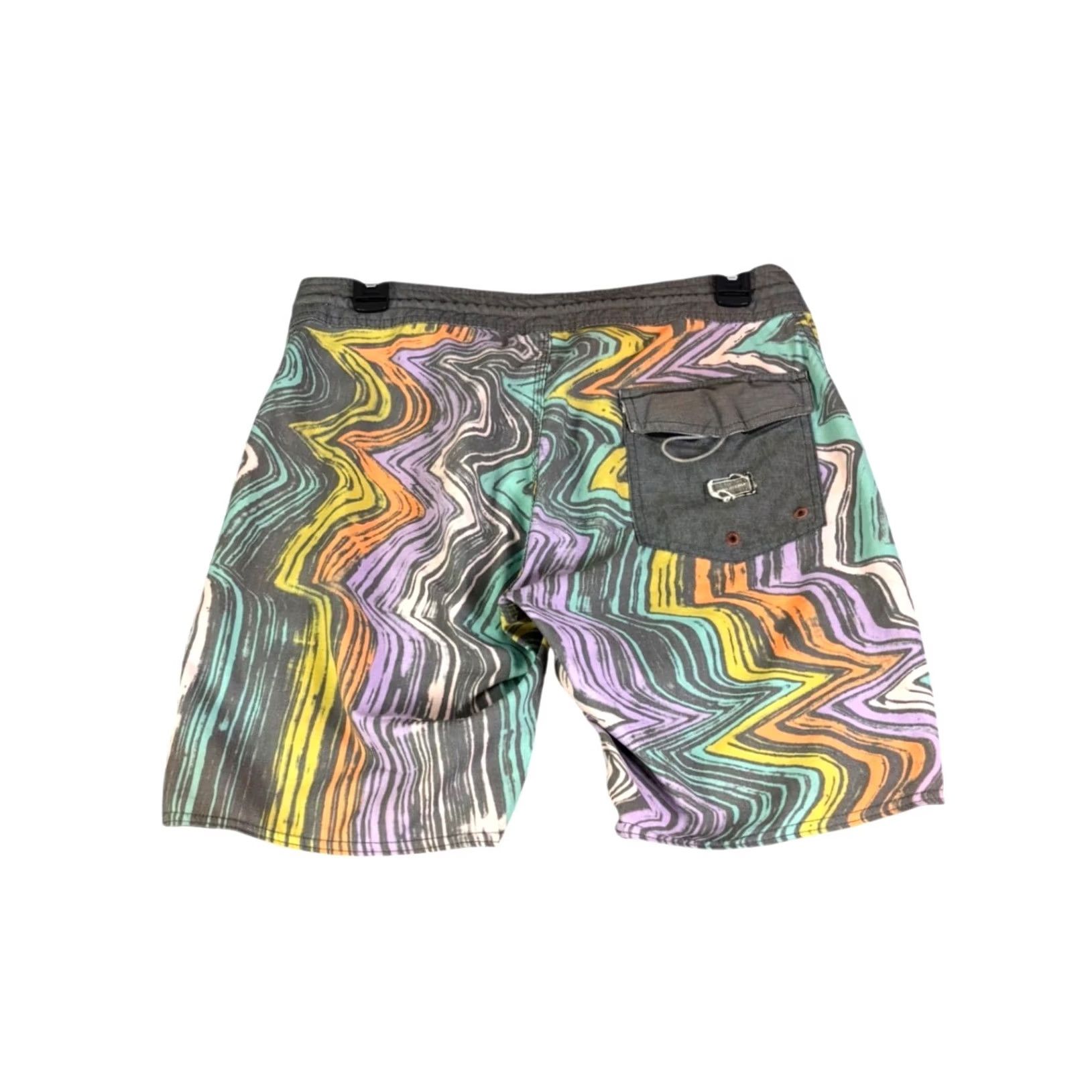 Volcom Volcom Board Shorts Mens 28 Multi Color Psychedelic Wavy Print Surfing Recreational Chevron Pattern Back Pocket Drawstring Pockets Size US 28 / EU 44 - 2 Thumbnail