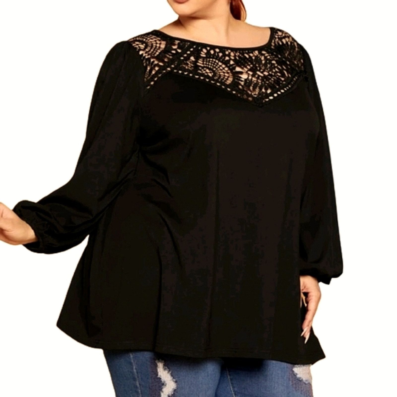 Shein CROCHET YOKE ☆ BLACK ☆ LANTERN SLEEVE TOP ☆ 22w ☆ NWT Size 3XL / US 20-22 - 4 Thumbnail