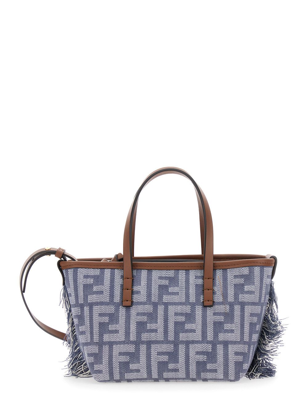 'Roll' Blue Mini Bag with Adjustable and Removable Shoulder Strap and Fringed Details in FF Canvas Woman
