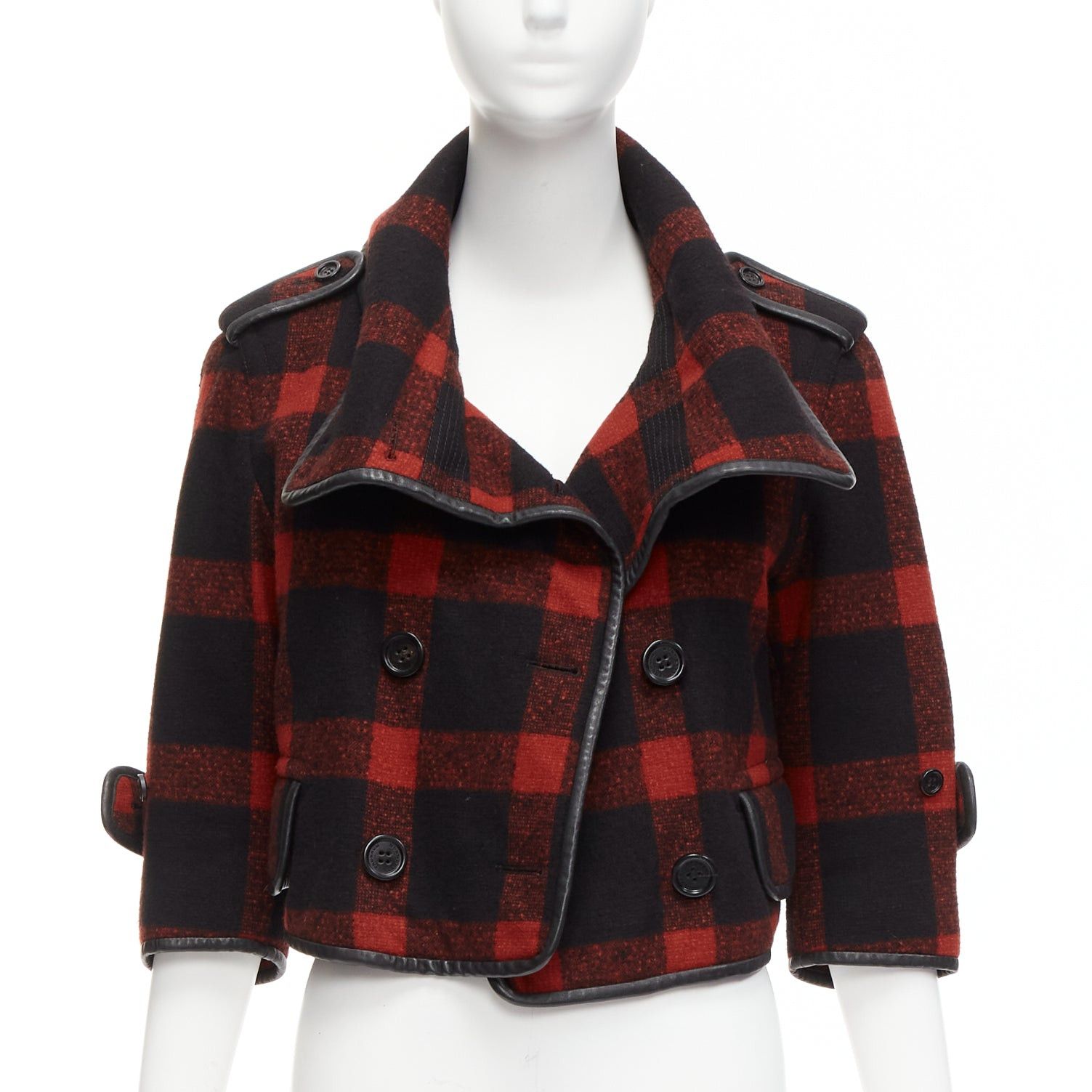 image of Burberry Runway Red Black Wool Plaid Check Leather Trim Cropped Trench It36 Xxs, Women's